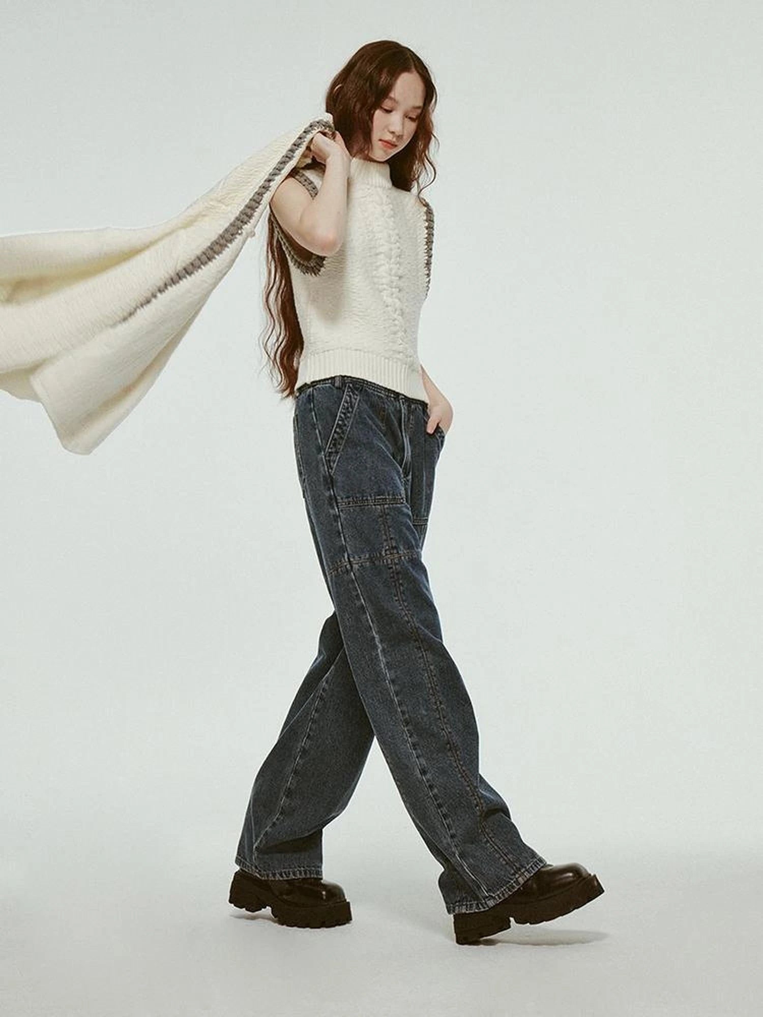 Hand Knitted White Grey Textured Vest With 3D Floral Applique