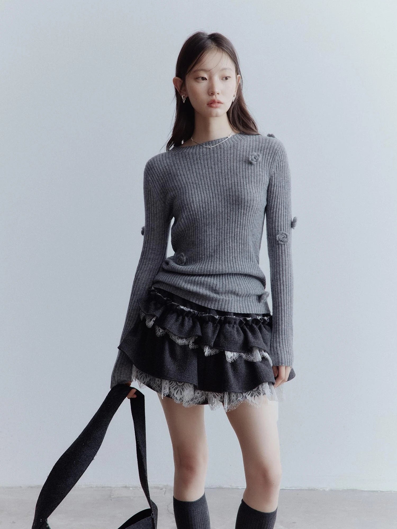 Hand Knitted Wool Floral Embellished Ribbed Sweater
