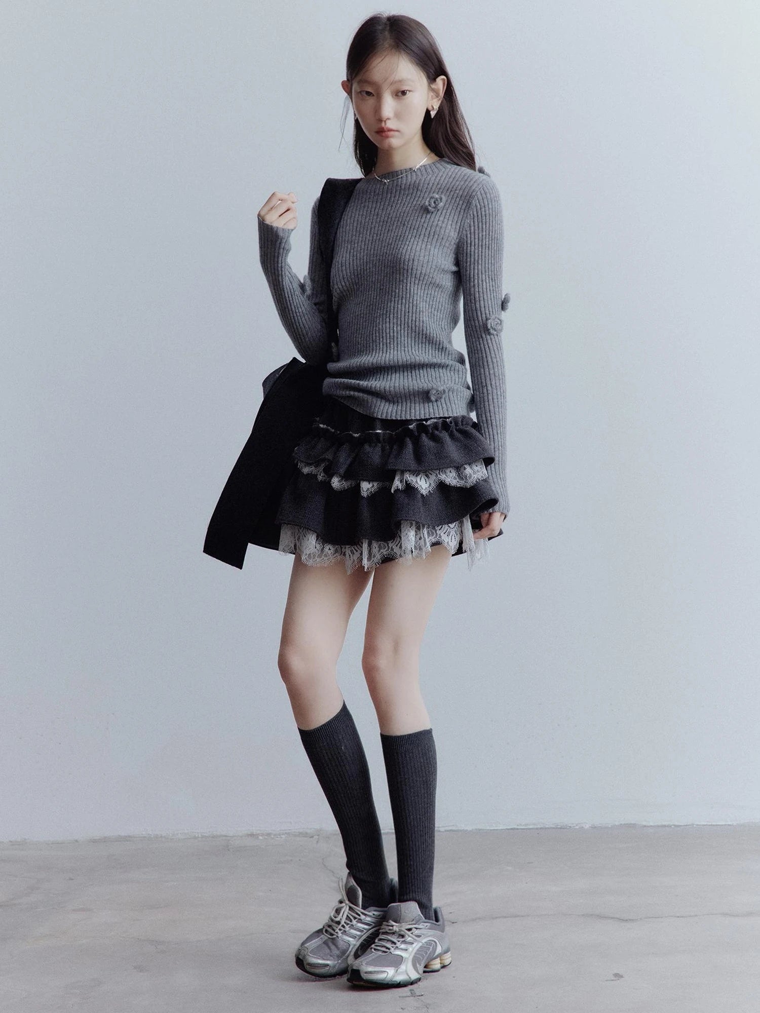Hand Knitted Wool Floral Embellished Ribbed Sweater