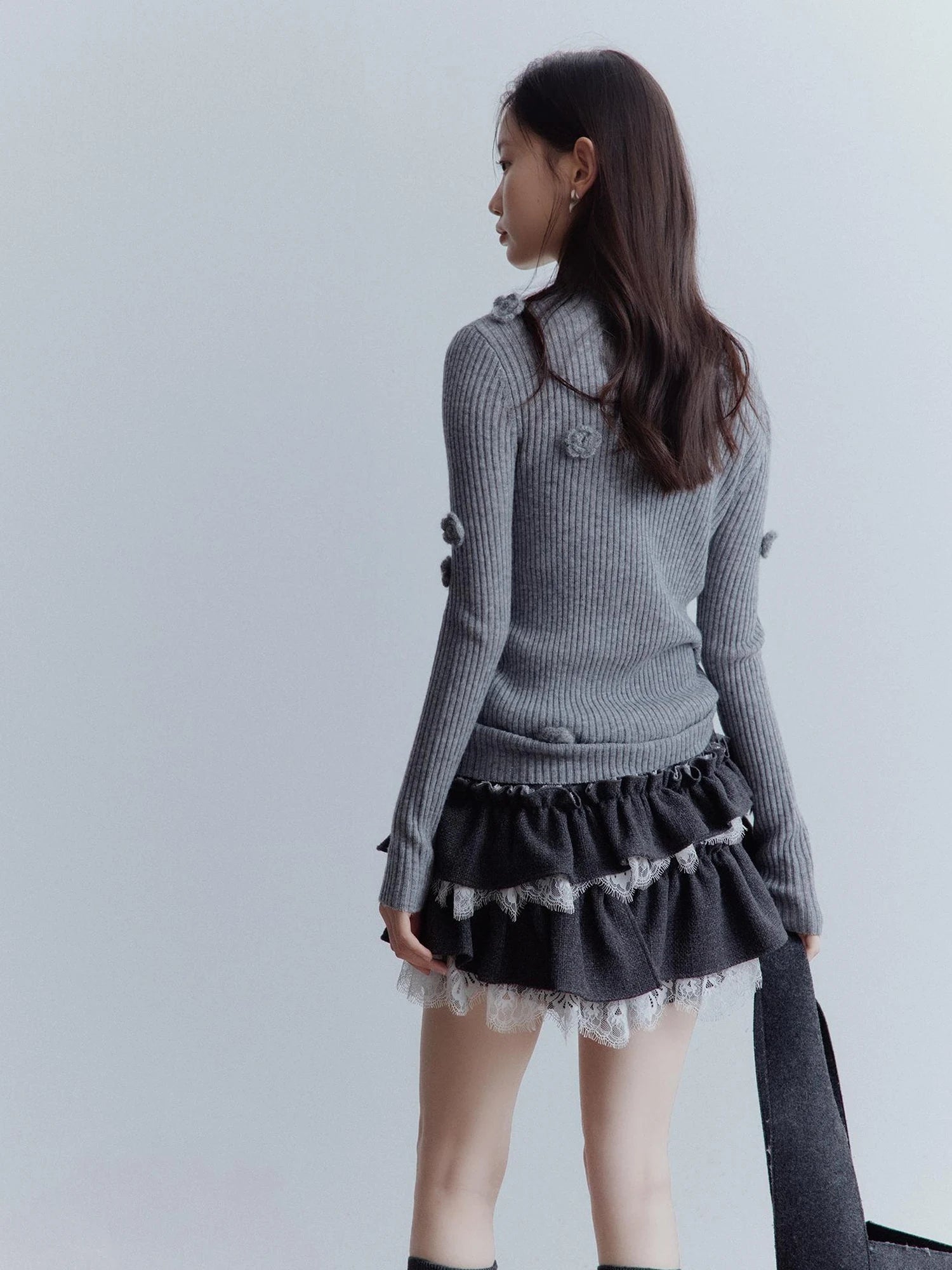 Hand Knitted Wool Floral Embellished Ribbed Sweater