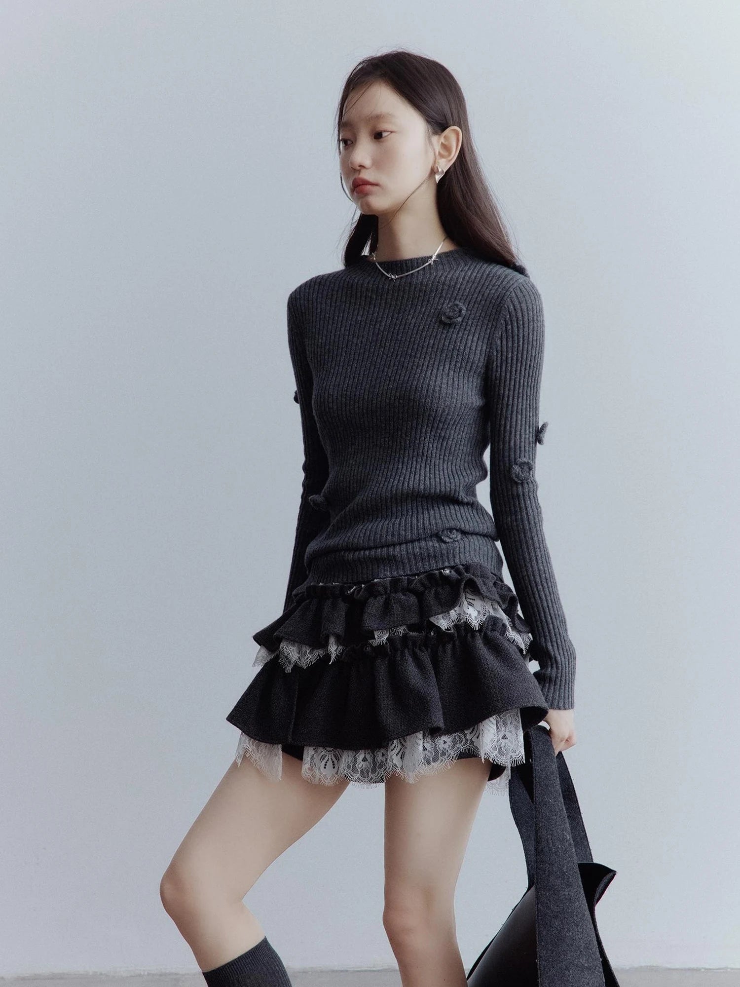 Hand Knitted Wool Floral Embellished Ribbed Sweater