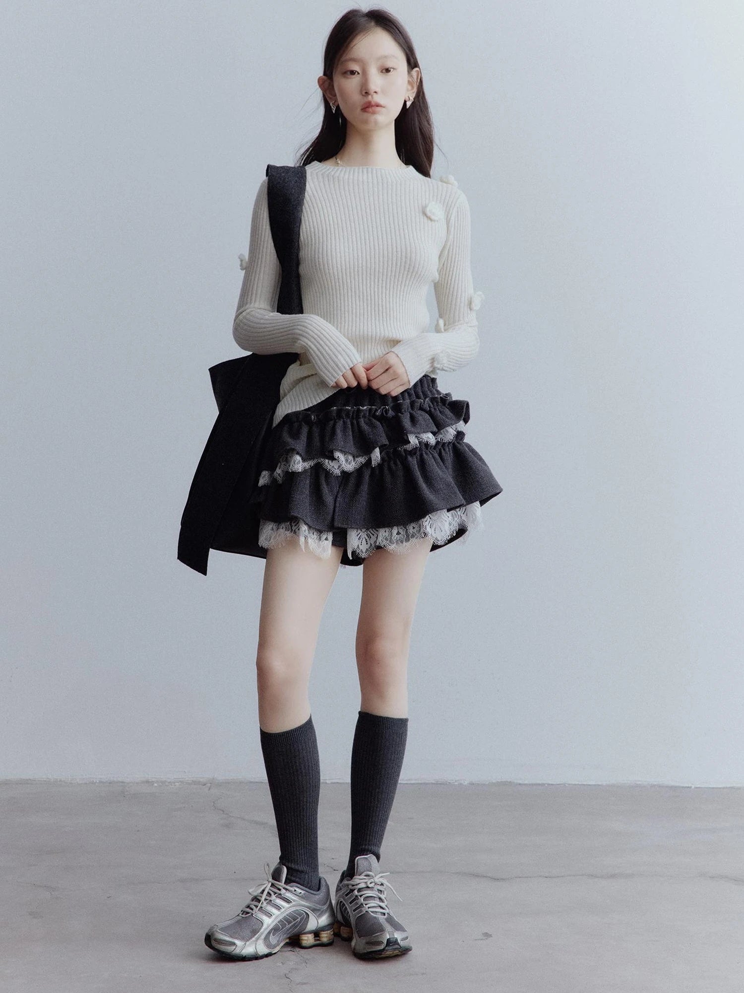 Hand Knitted Wool Floral Embellished Ribbed Sweater