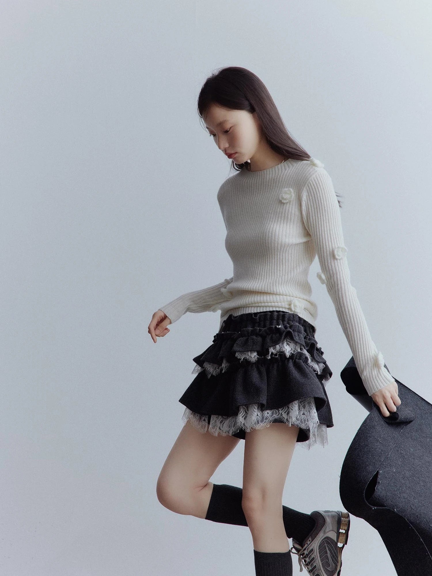 Hand Knitted Wool Floral Embellished Ribbed Sweater
