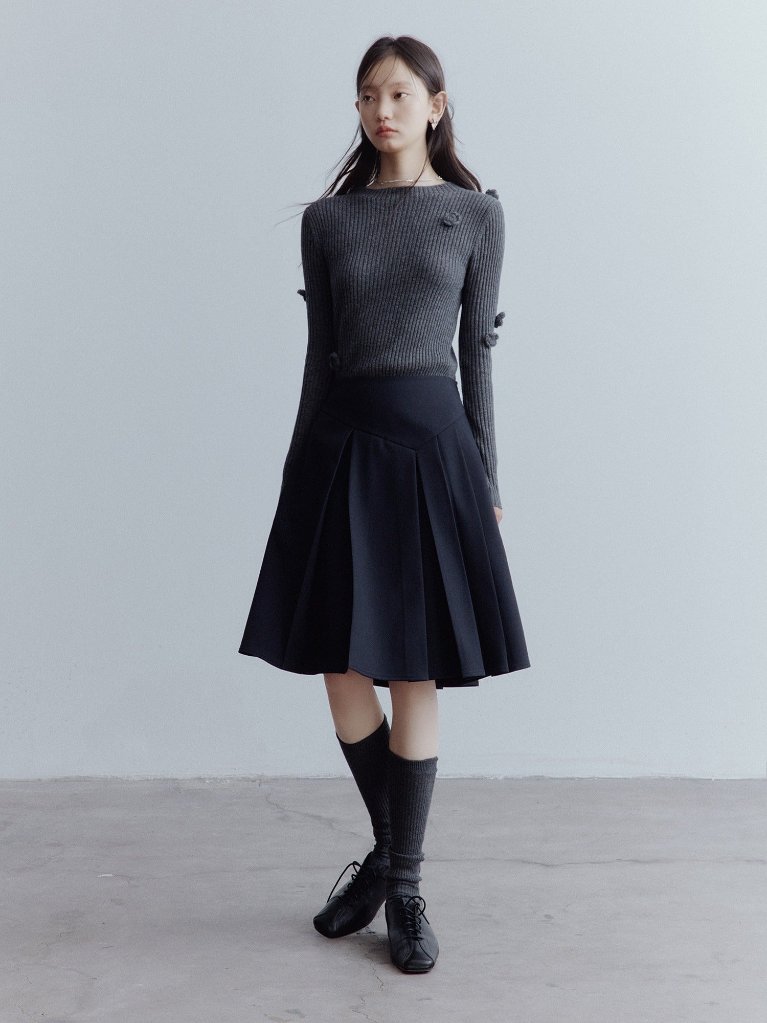 FUSSED_Hand_Pleated_Preppy_Asymmetric_A_Line_Women_Campus_High_Waist_Gray_Midi_Skirt_MISSTT