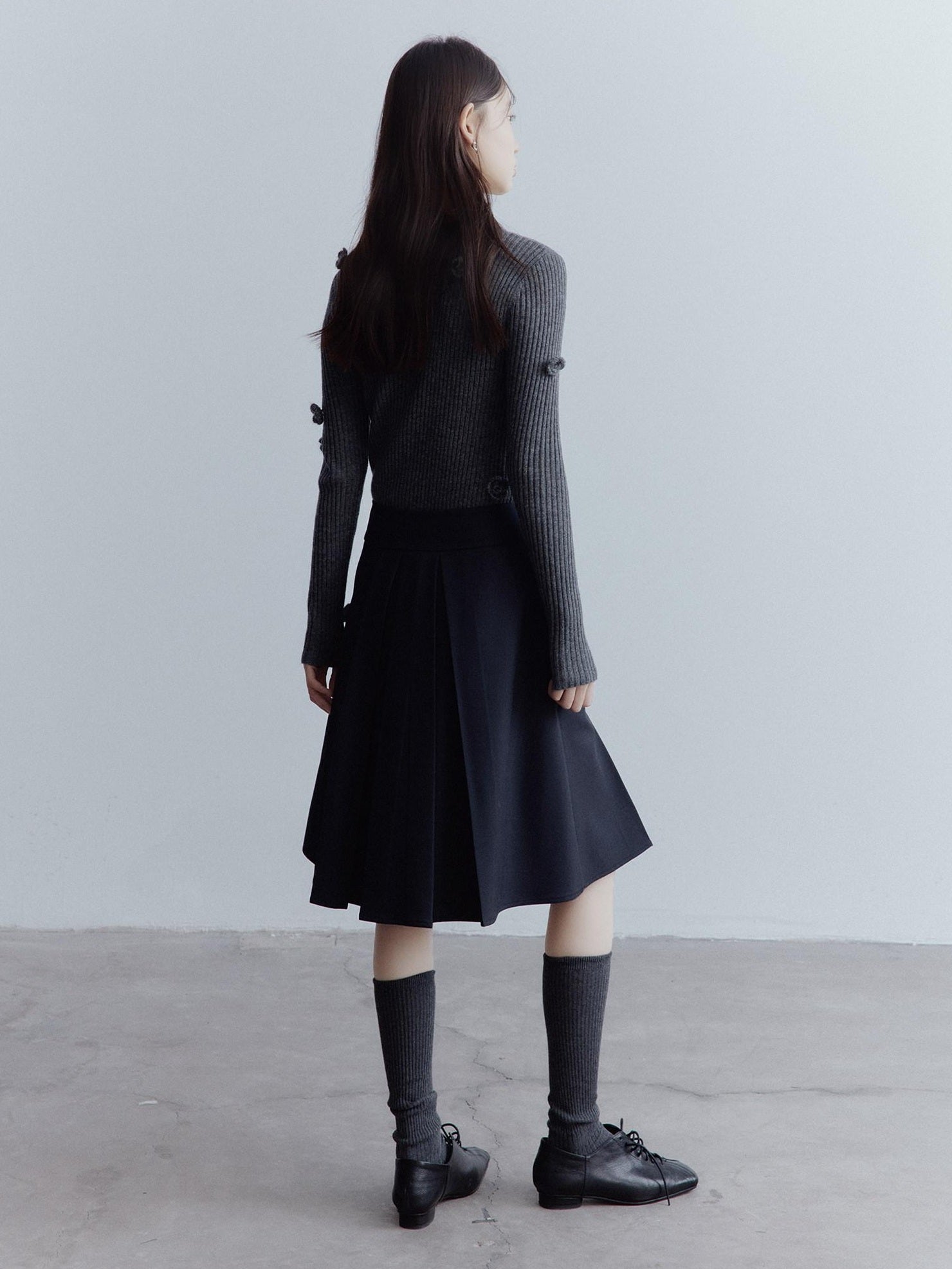 FUSSED Hand Pleated Preppy Asymmetric A Line Women Campus High Waist Gray Midi Skirt