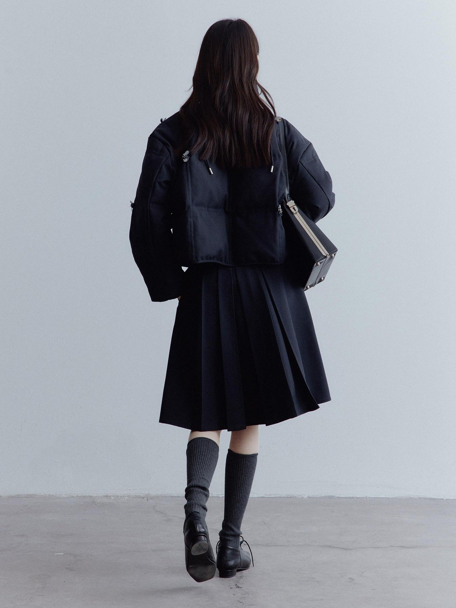 FUSSED Hand Pleated Preppy Asymmetric A Line Women Campus High Waist Gray Midi Skirt