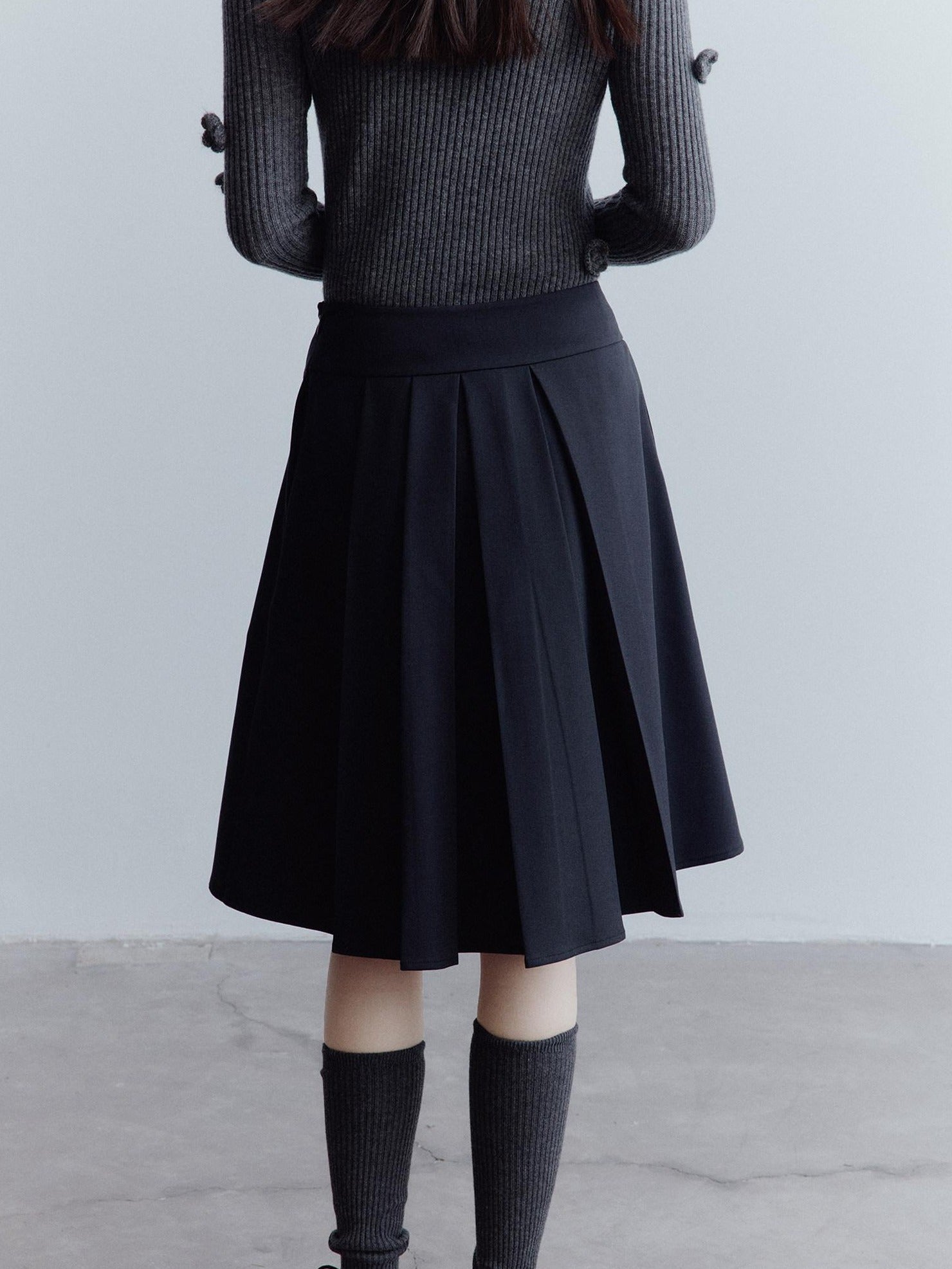 FUSSED Hand Pleated Preppy Asymmetric A Line Women Campus High Waist Gray Midi Skirt