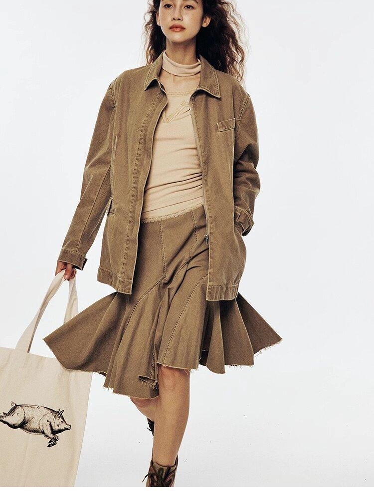 FUSSED Hazelnut Brown Enzyme Washed Notched Lapel Women&