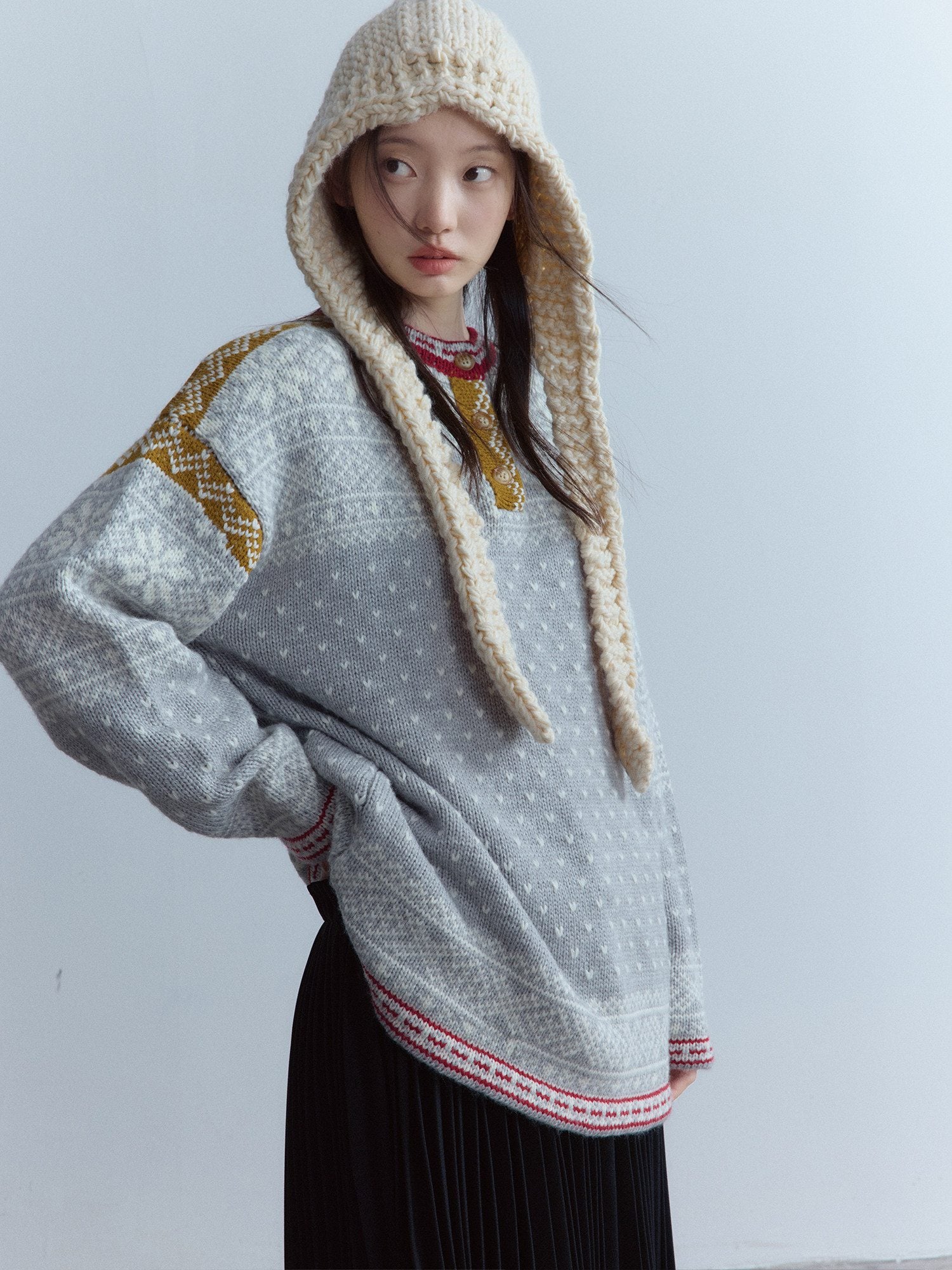FUSSED_Heart_Jacquard_Oversized_Midlength_Crewneck_Button_Front_Girl_Snow_Gray_Sweater_MISSTT