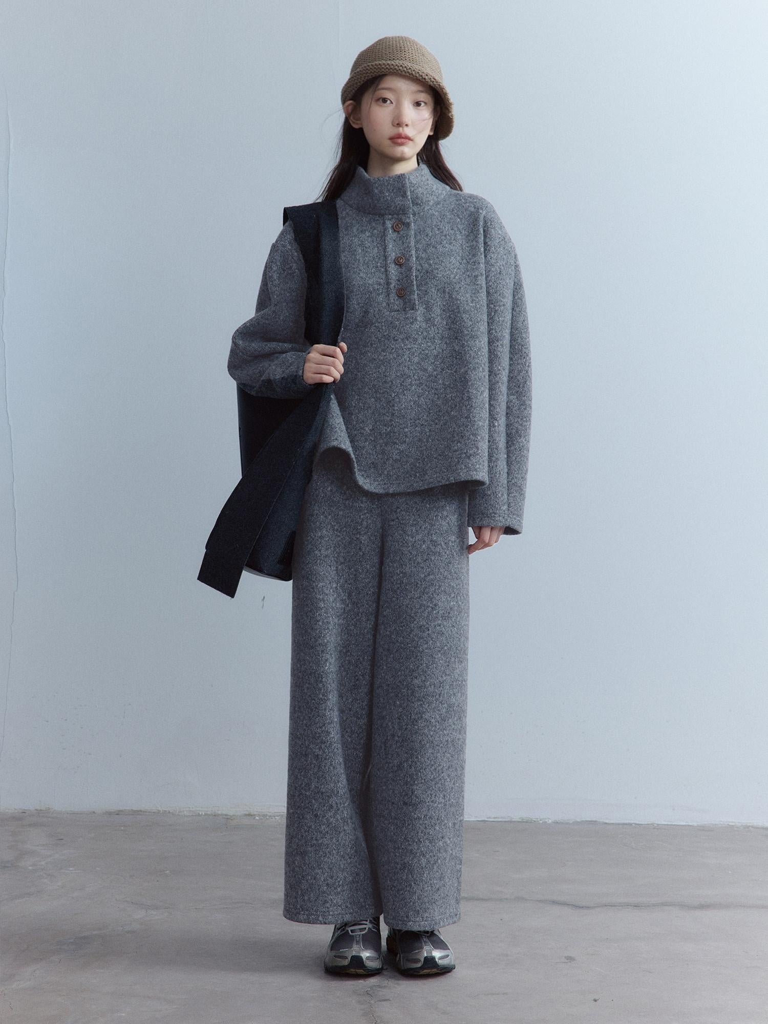 FUSSED Heavy Knit Stand Collar Sweatshirt Two Piece Casual Women Solid Long Pants Suit