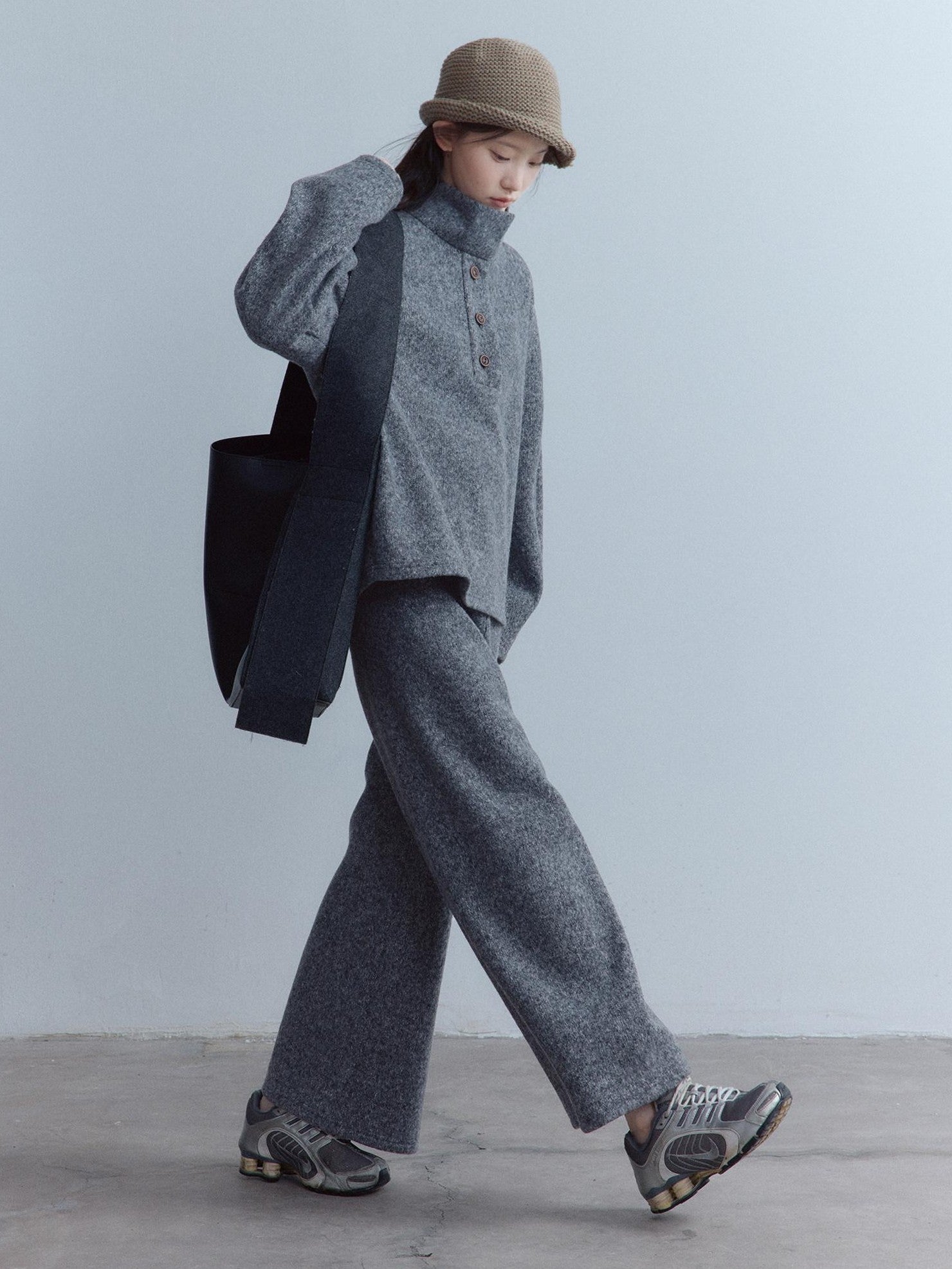 FUSSED Heavy Knit Stand Collar Sweatshirt Two Piece Casual Women Solid Long Pants Suit