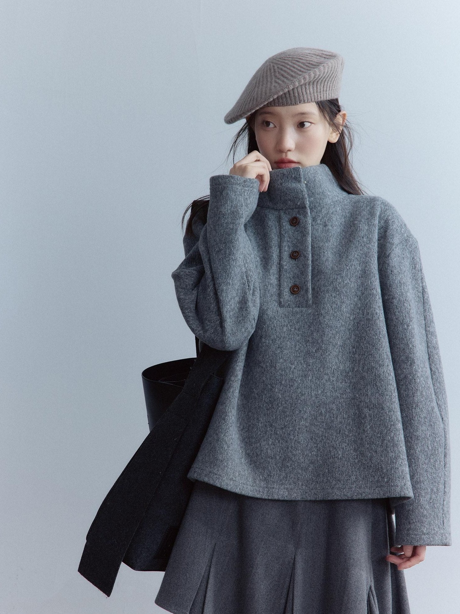 FUSSED Heavy Knit Stand Collar Sweatshirt Two Piece Casual Women Solid Long Pants Suit