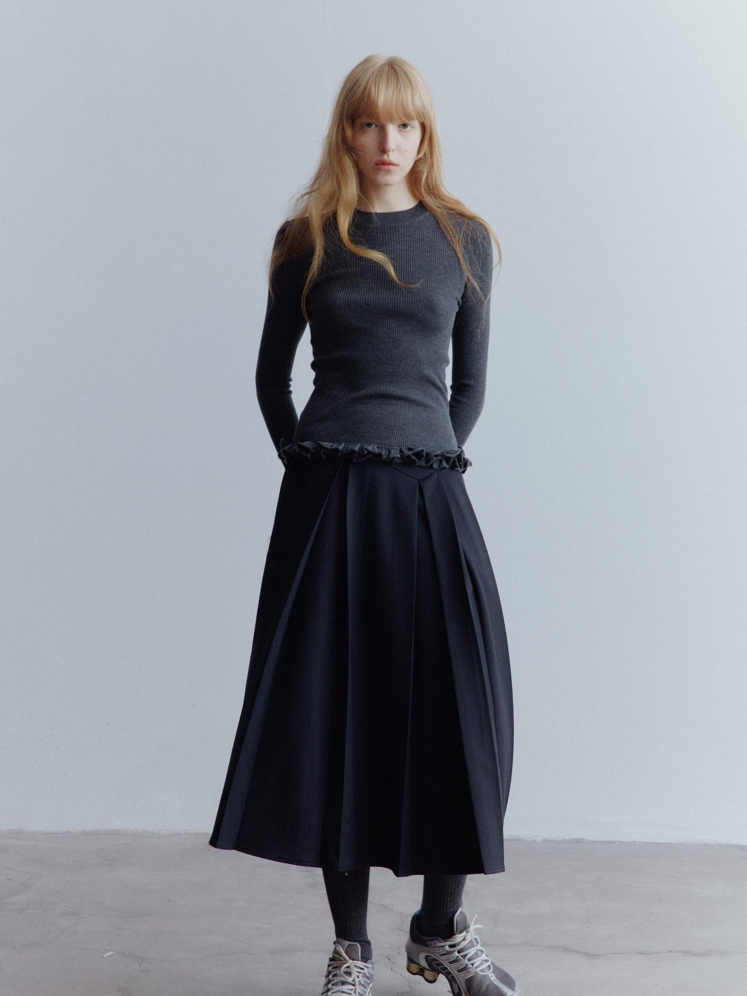 FUSSED High Waist Asymmetric Hand Pleated A Line Preppy Campus Gray Maxi Skirt