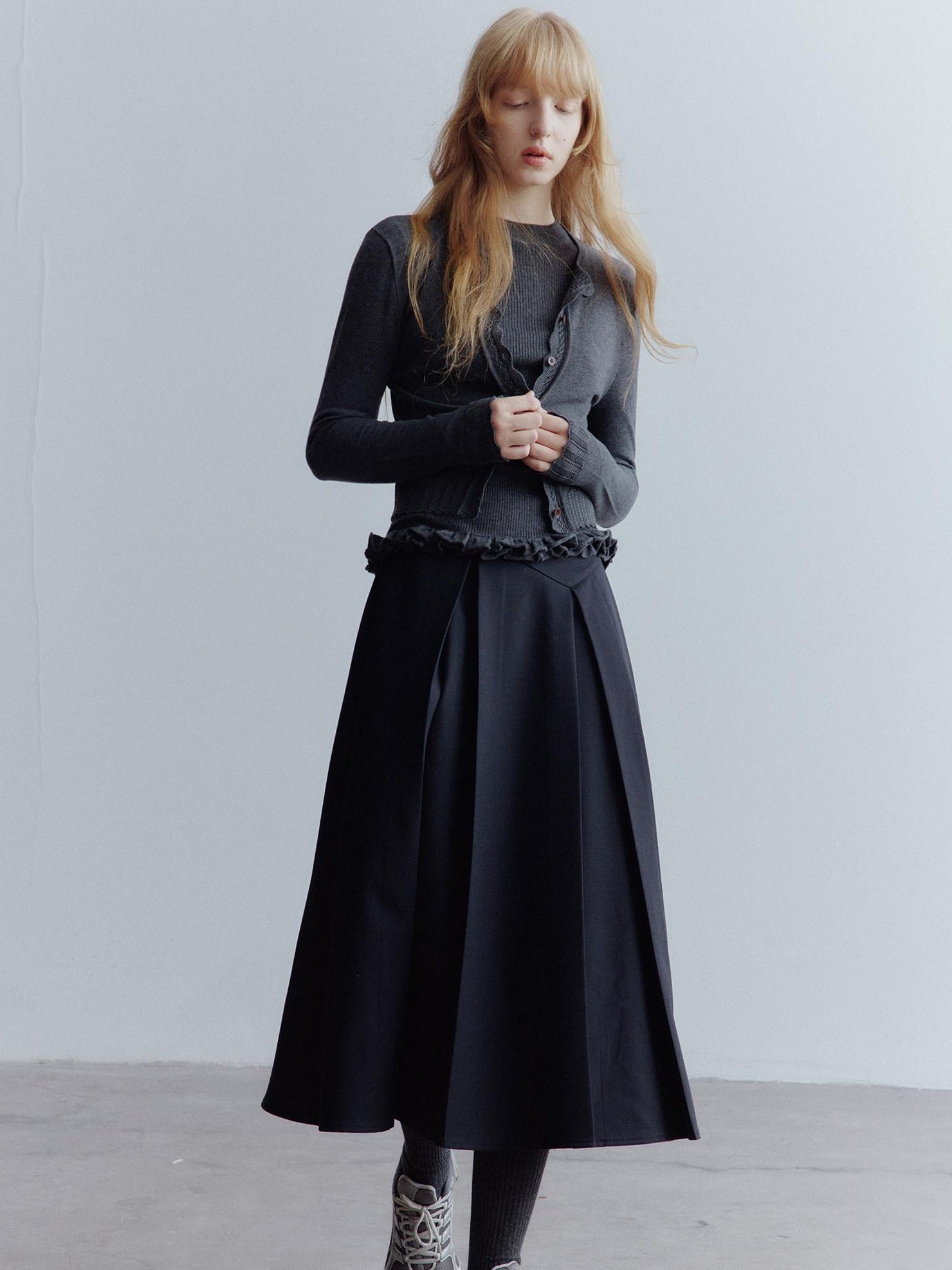 FUSSED High Waist Asymmetric Hand Pleated A Line Preppy Campus Gray Maxi Skirt