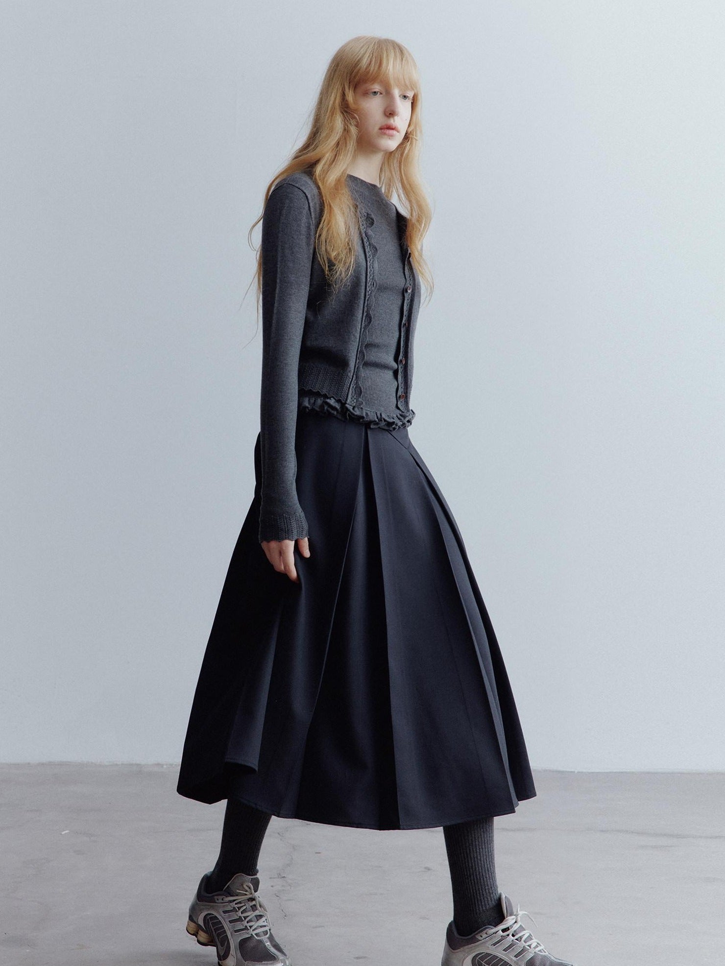 FUSSED High Waist Asymmetric Hand Pleated A Line Preppy Campus Gray Maxi Skirt