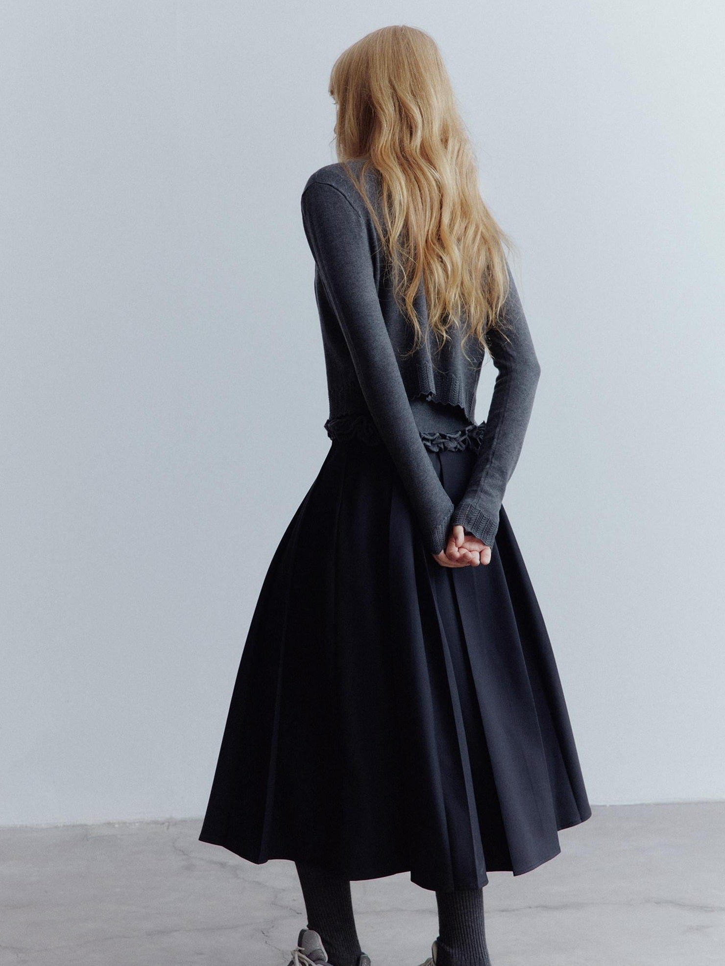 FUSSED High Waist Asymmetric Hand Pleated A Line Preppy Campus Gray Maxi Skirt