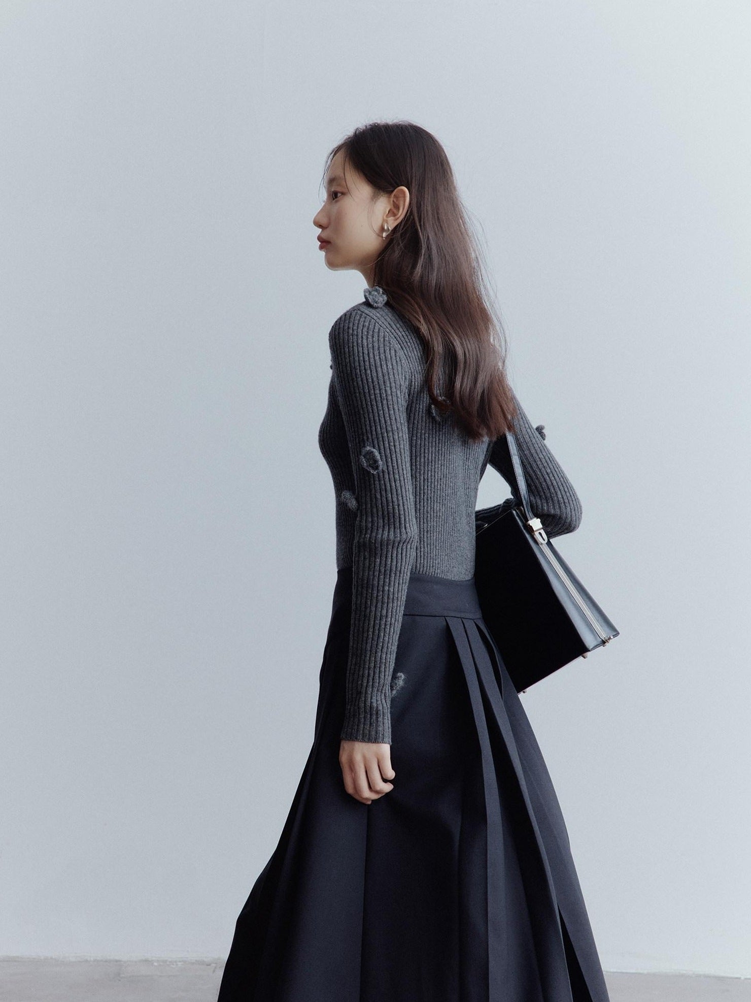 FUSSED High Waist Asymmetric Hand Pleated A Line Preppy Campus Gray Maxi Skirt
