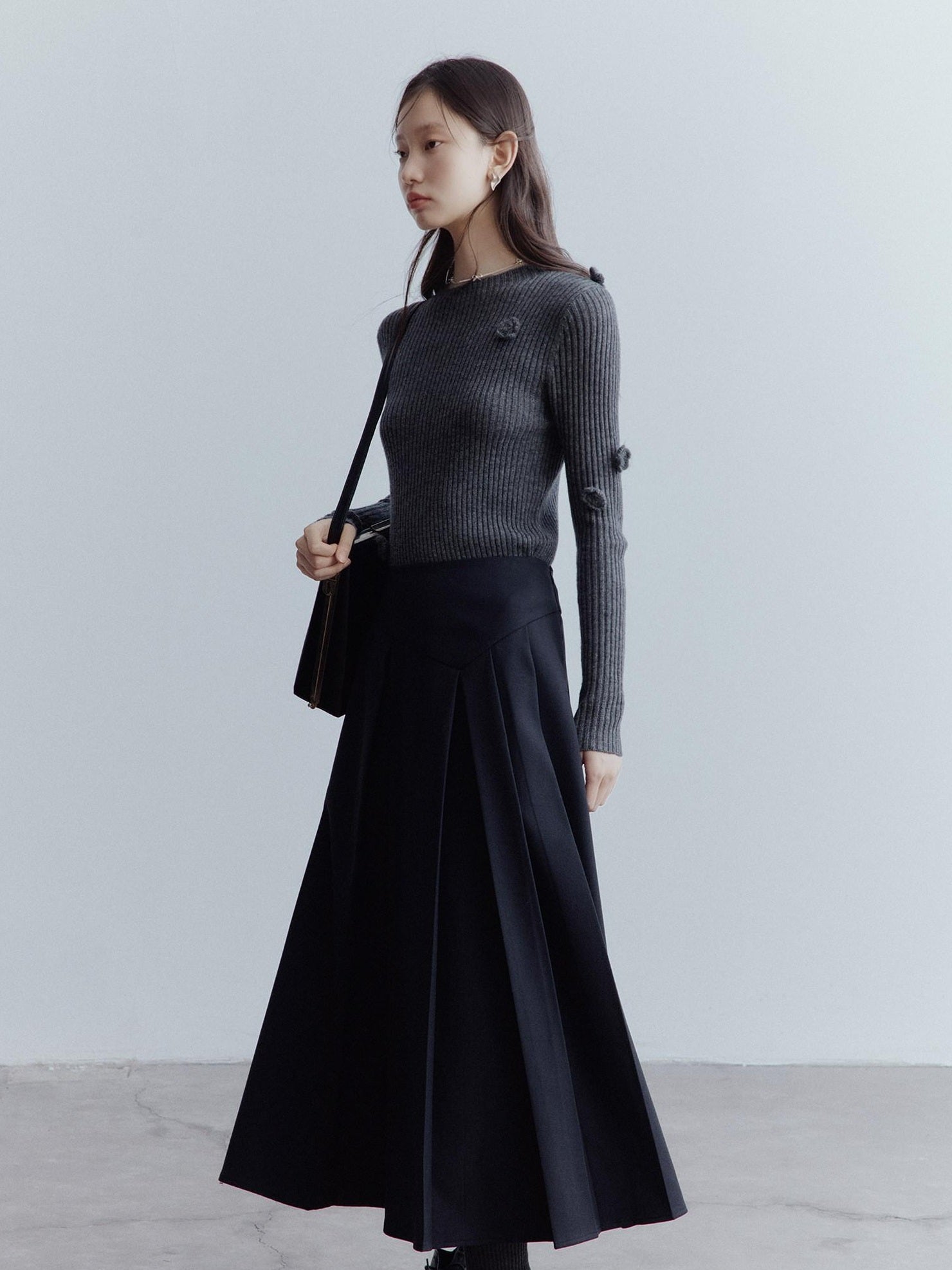 FUSSED High Waist Asymmetric Hand Pleated A Line Preppy Campus Gray Maxi Skirt