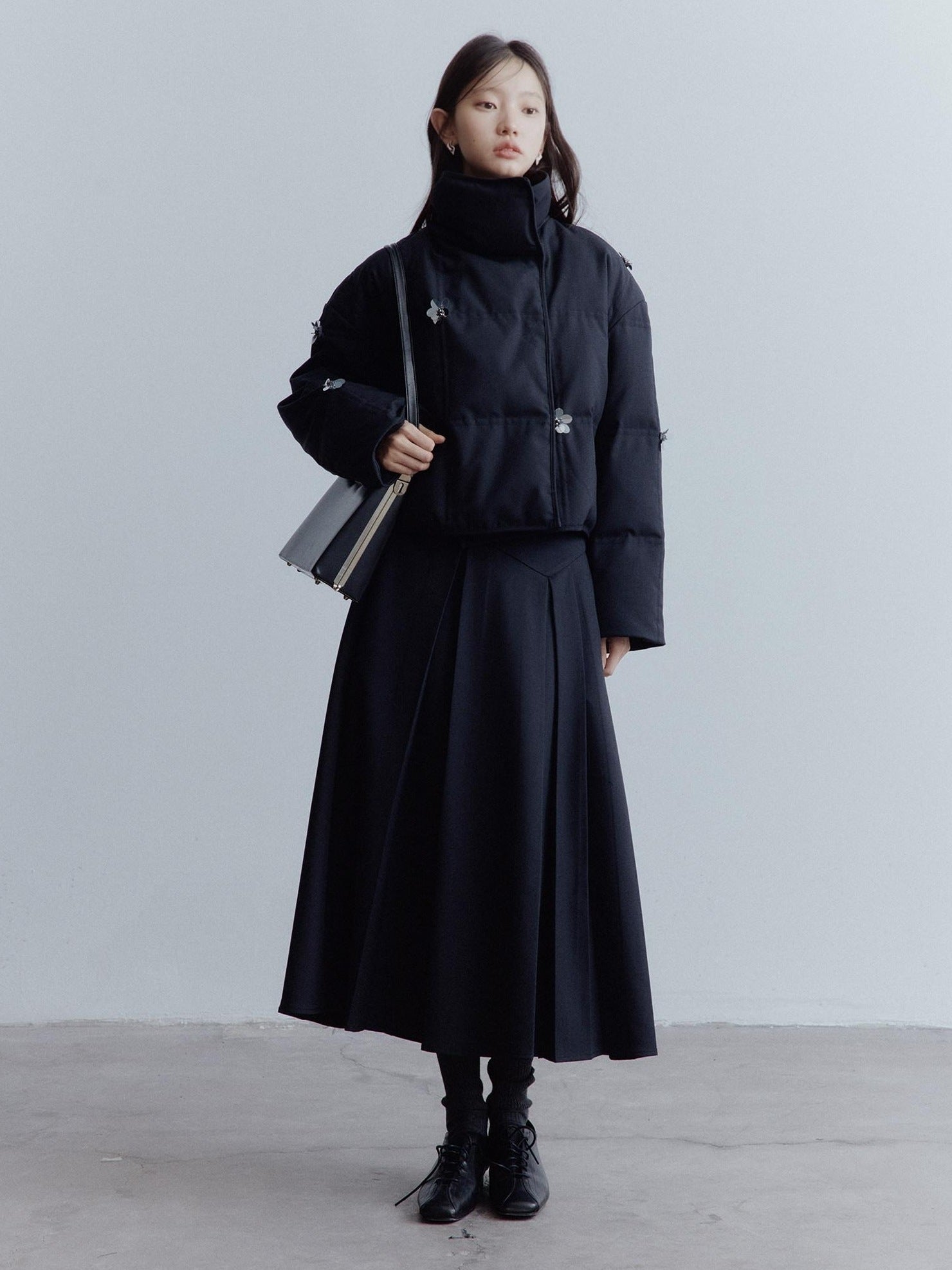 FUSSED High Waist Asymmetric Hand Pleated A Line Preppy Campus Gray Maxi Skirt