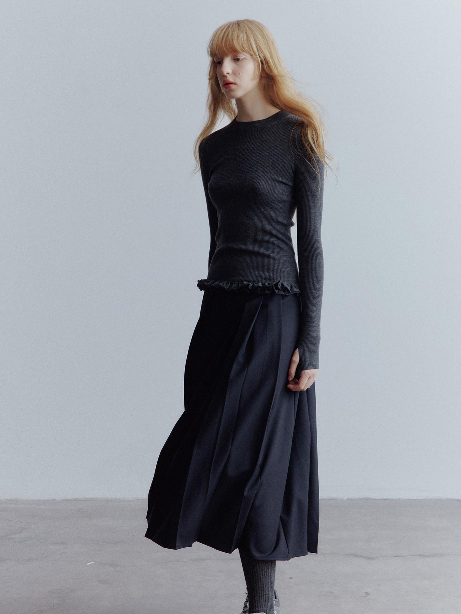 FUSSED High Waist Asymmetric Hand Pleated A Line Preppy Campus Gray Maxi Skirt