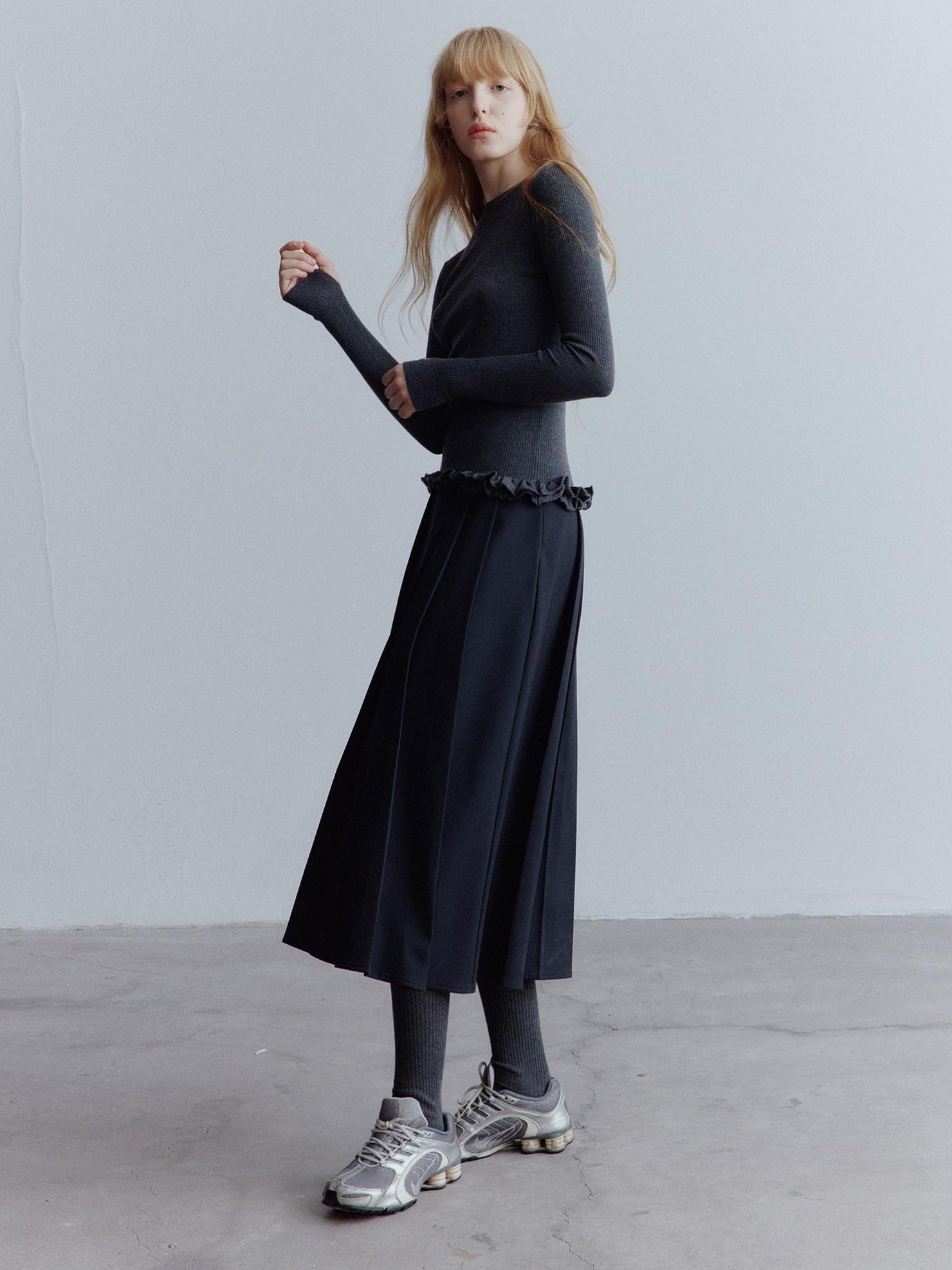 FUSSED High Waist Asymmetric Hand Pleated A Line Preppy Campus Gray Maxi Skirt