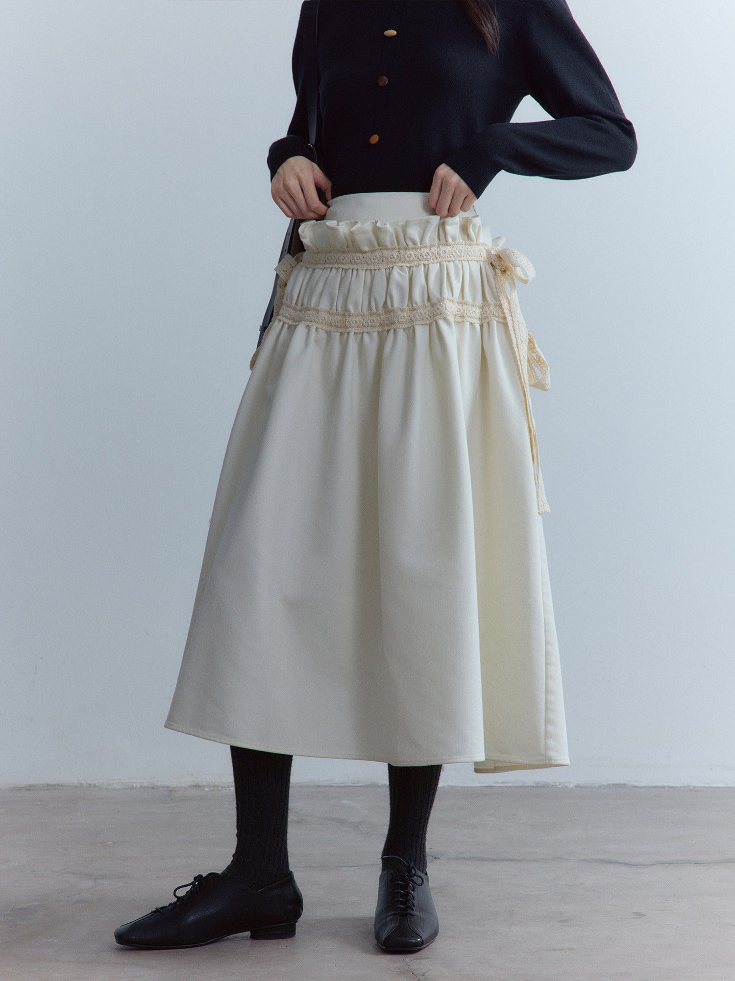 FUSSED_High_Waist_Lace_Panel_Pleated_A_Line_Casual_Women_Everyday_Oatmeal_Midi_Skirt_MISSTT