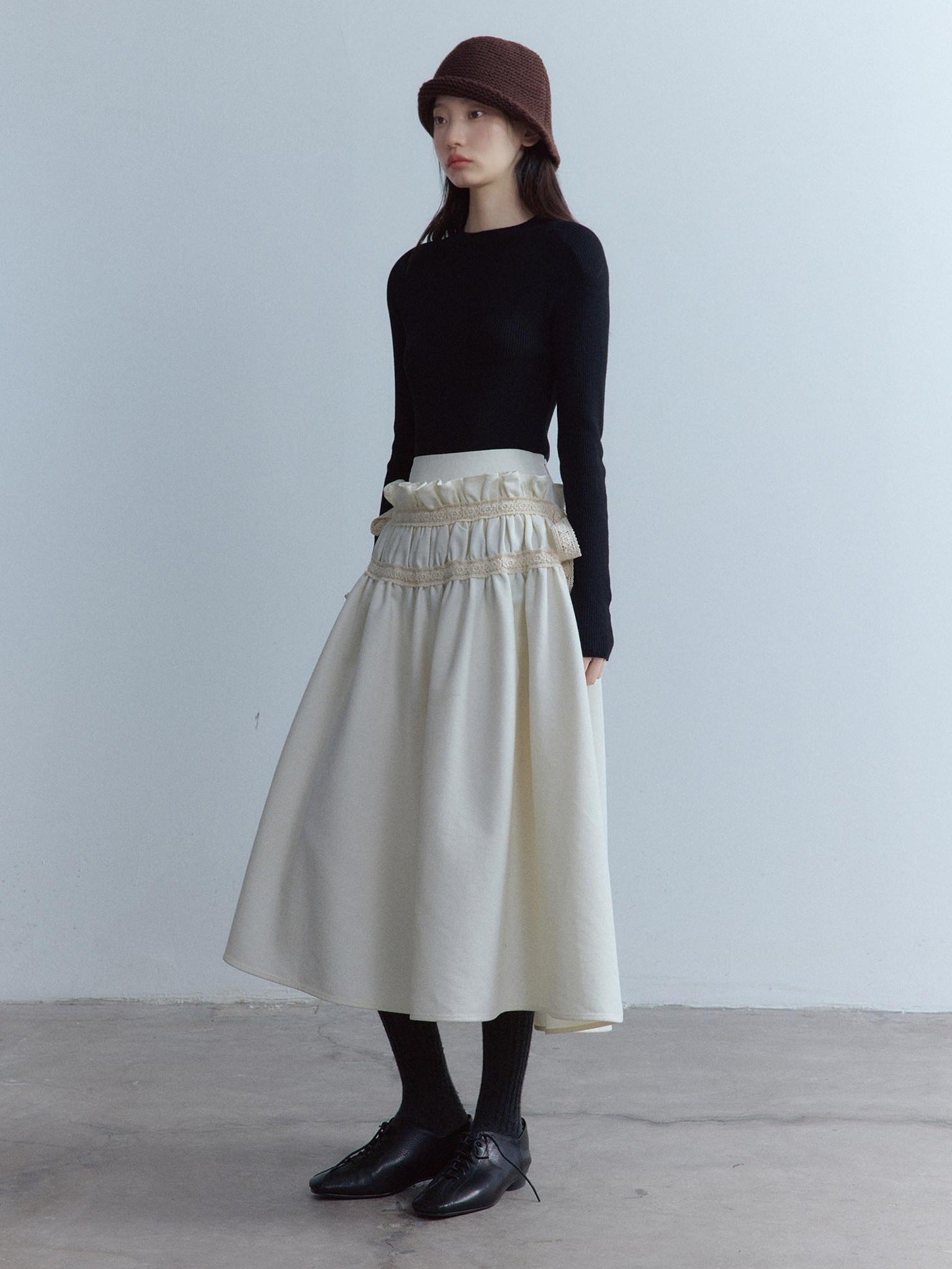 FUSSED High Waist Lace Panel Pleated A Line Casual Women Everyday Oatmeal Midi Skirt