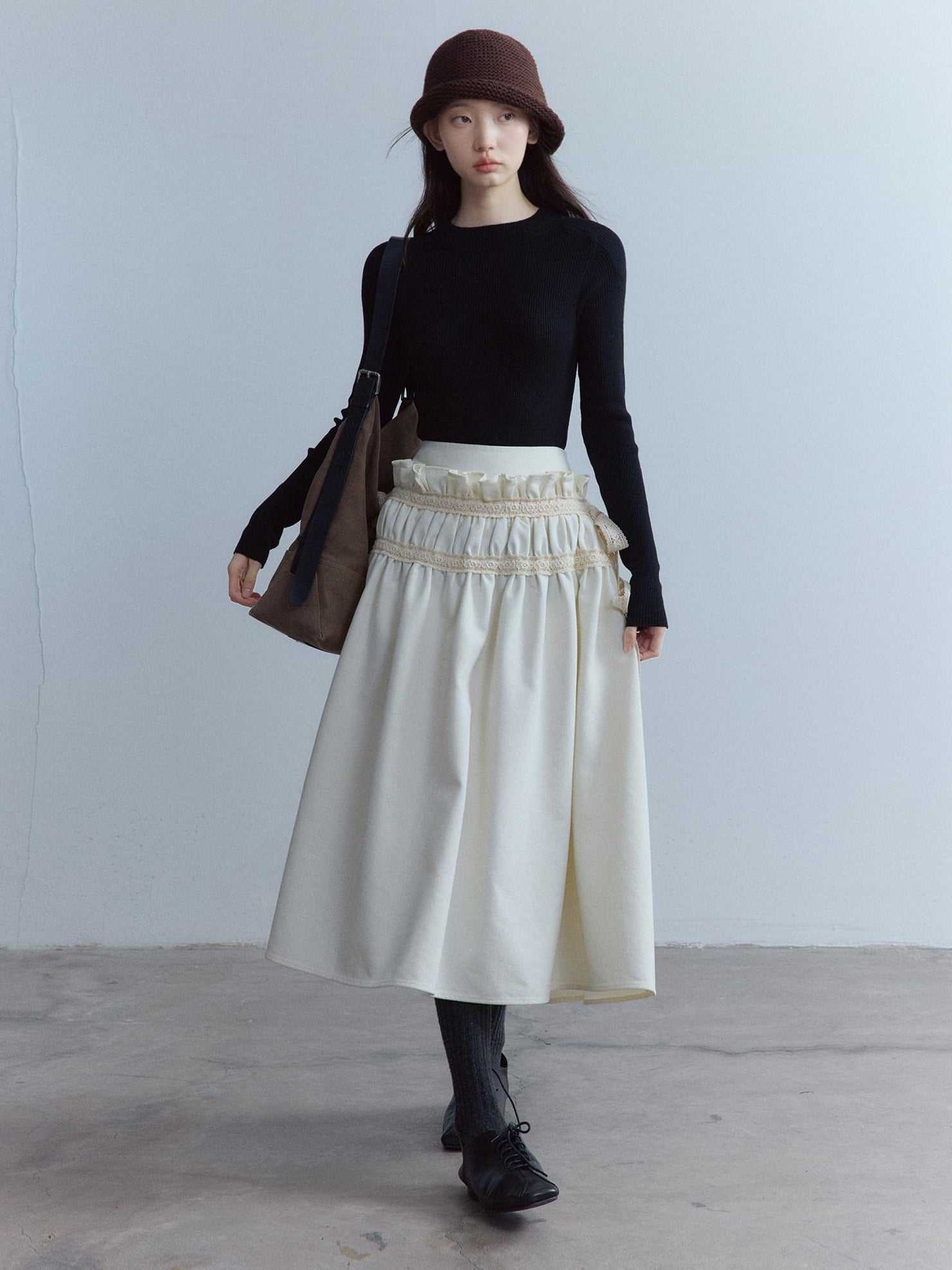 FUSSED High Waist Lace Panel Pleated A Line Casual Women Everyday Oatmeal Midi Skirt