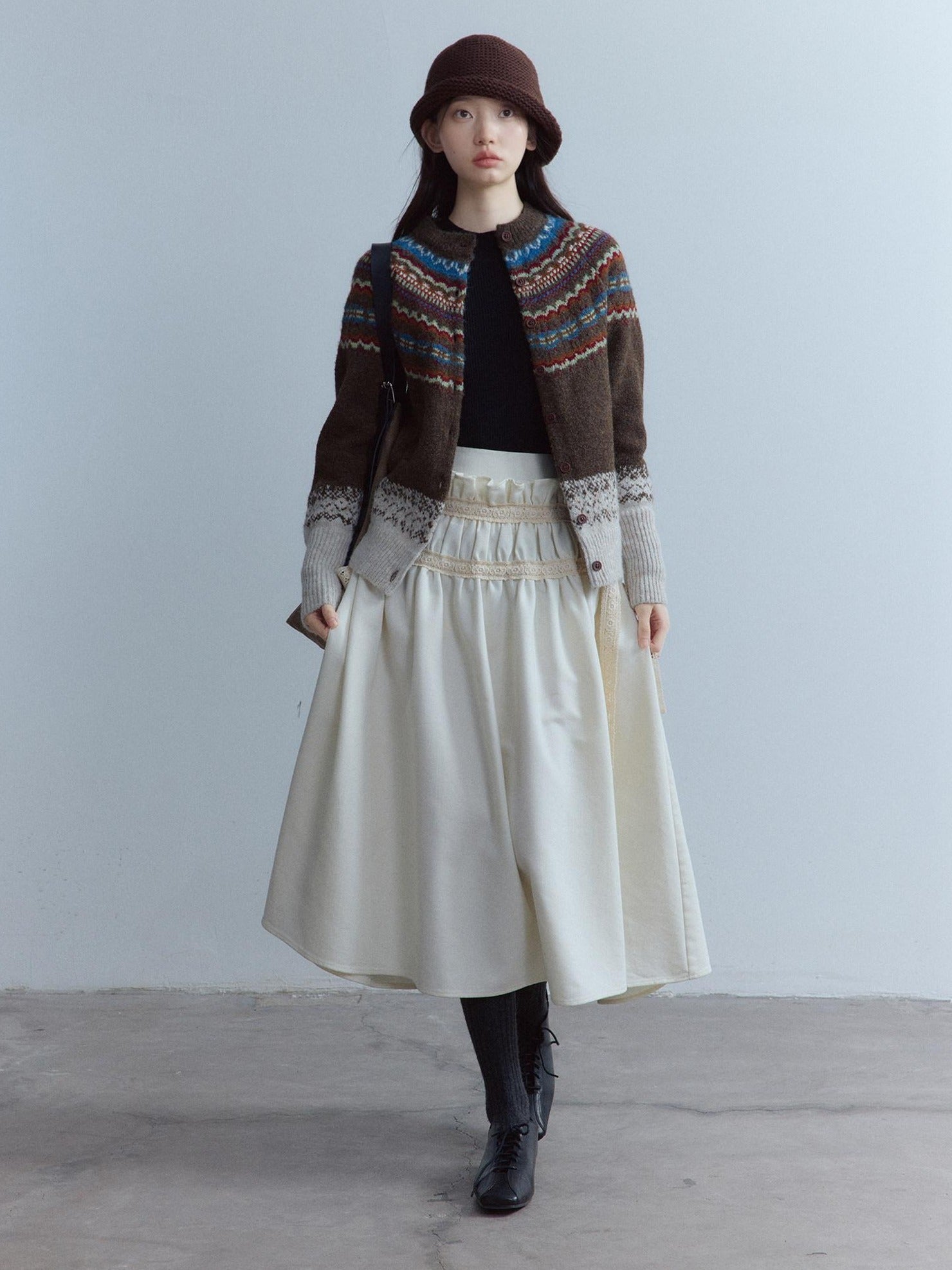 FUSSED High Waist Lace Panel Pleated A Line Casual Women Everyday Oatmeal Midi Skirt