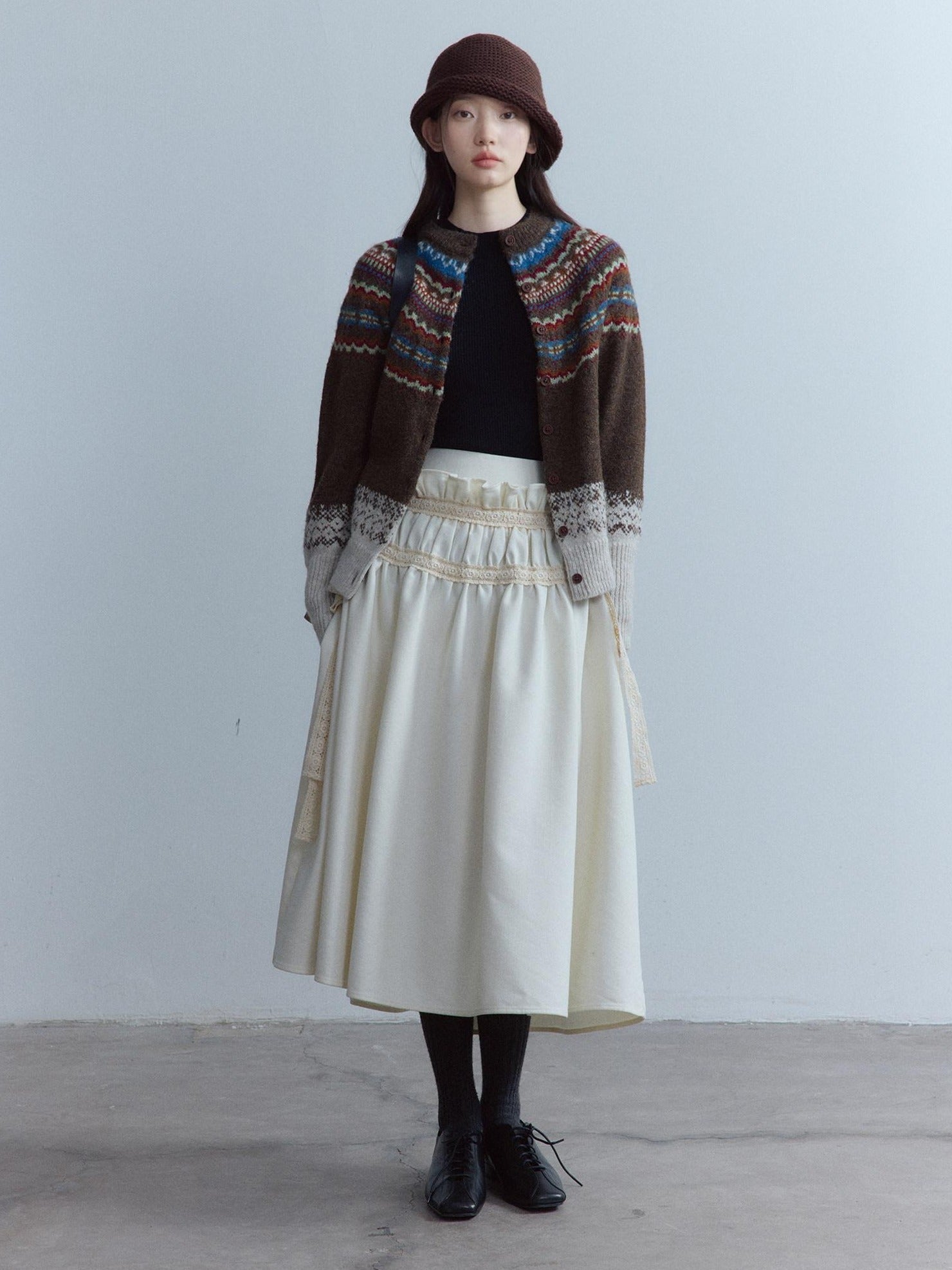 FUSSED High Waist Lace Panel Pleated A Line Casual Women Everyday Oatmeal Midi Skirt