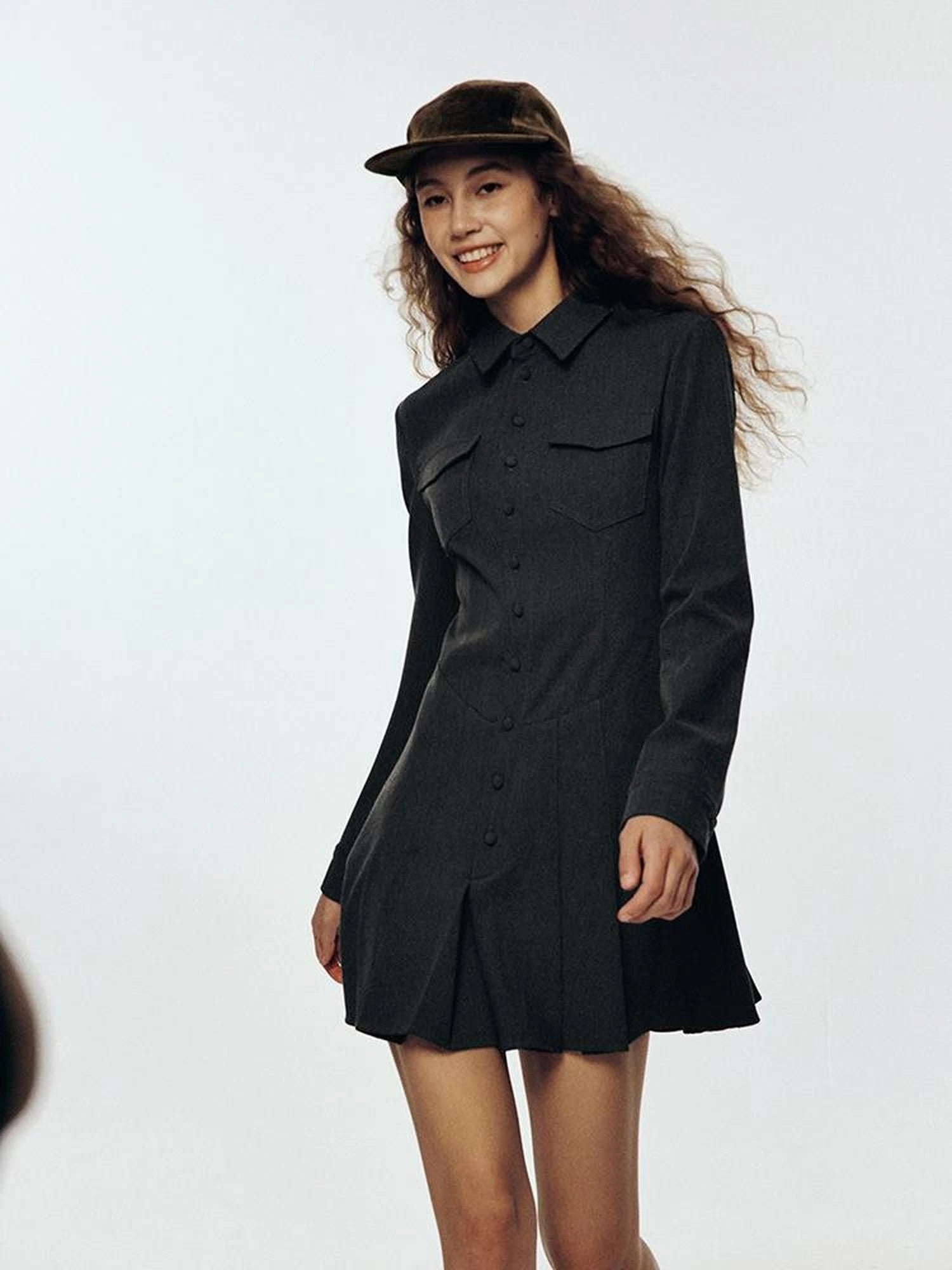 High Waisted Pleated Blazer Dress with Notched Collar