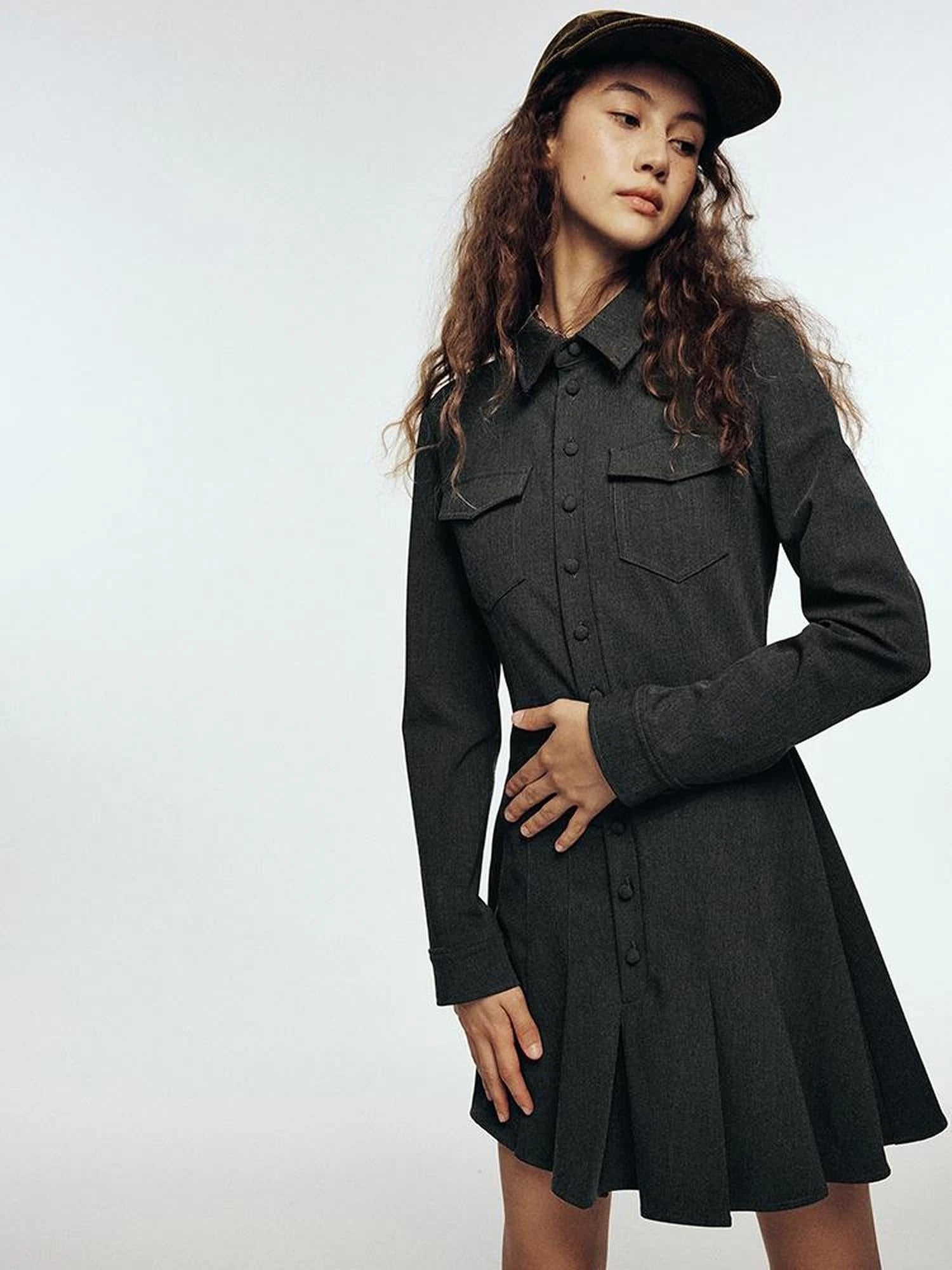 High Waisted Pleated Blazer Dress with Notched Collar