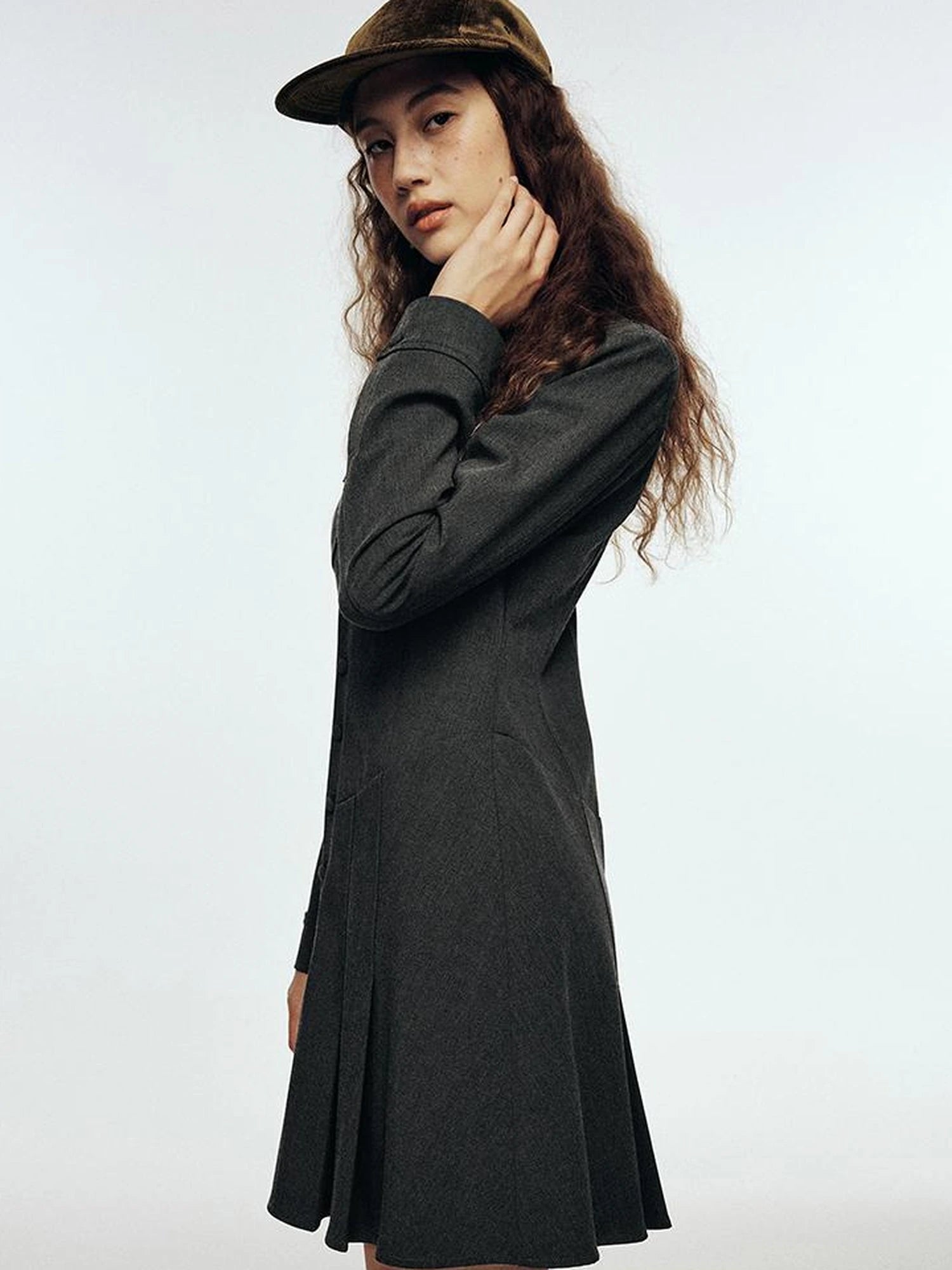 High Waisted Pleated Blazer Dress with Notched Collar