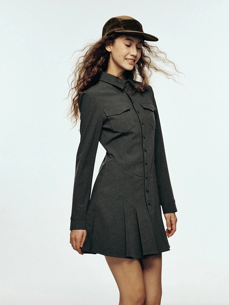 High Waisted Pleated Blazer Dress with Notched Collar