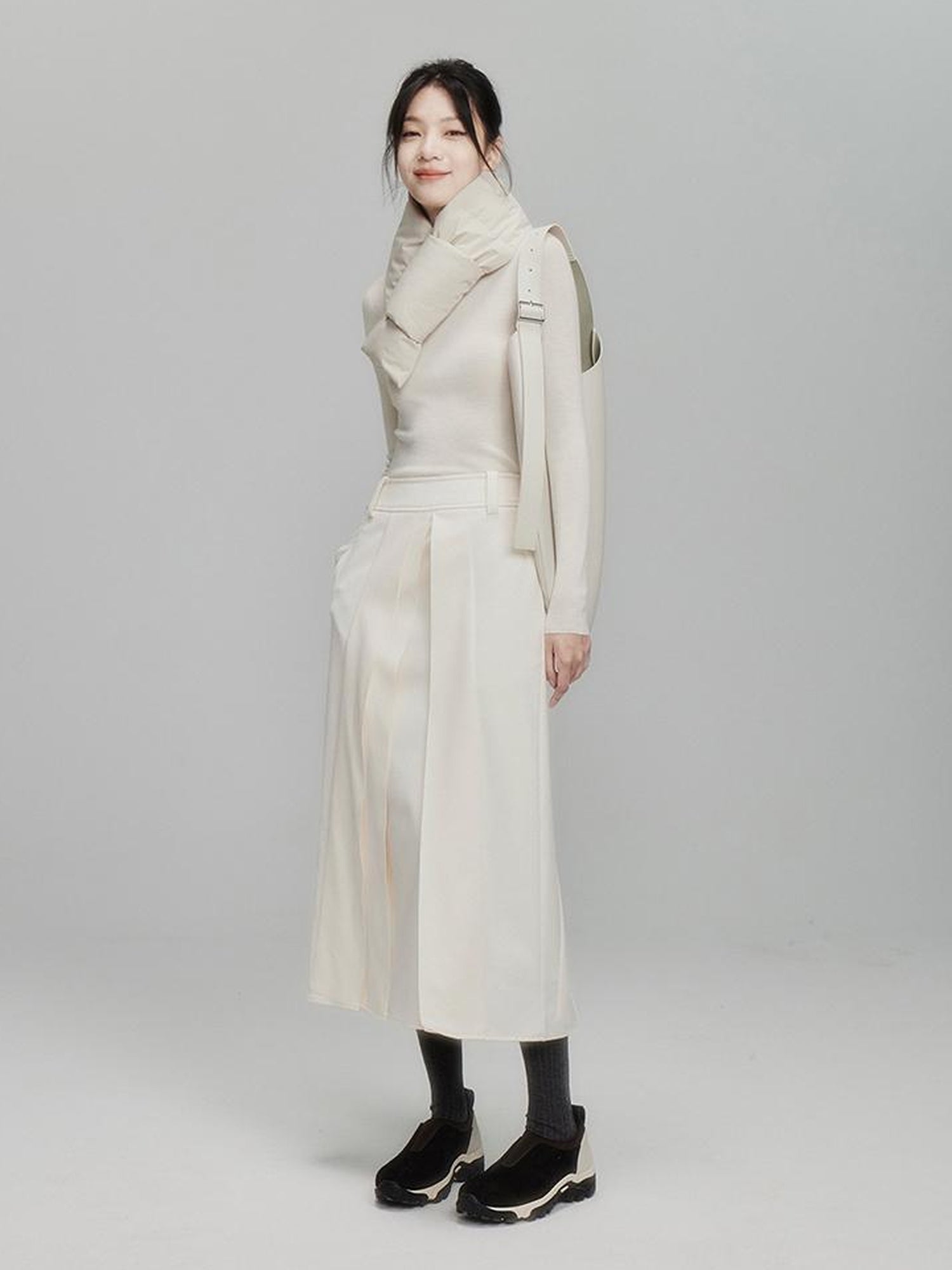 FUSSED Infinite White Pleated Midi Skirt With Asymmetric Hem