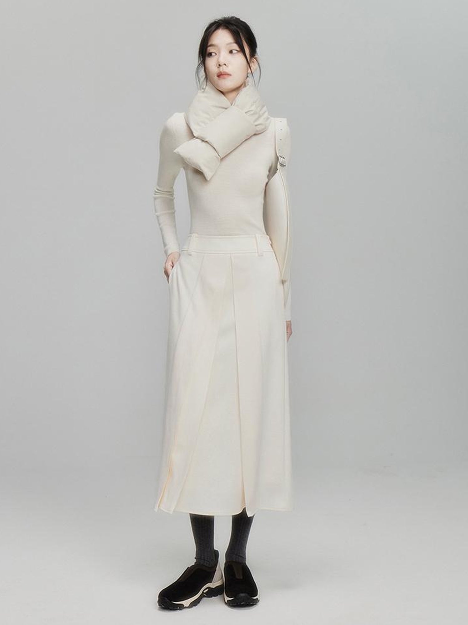 FUSSED Infinite White Pleated Midi Skirt With Asymmetric Hem