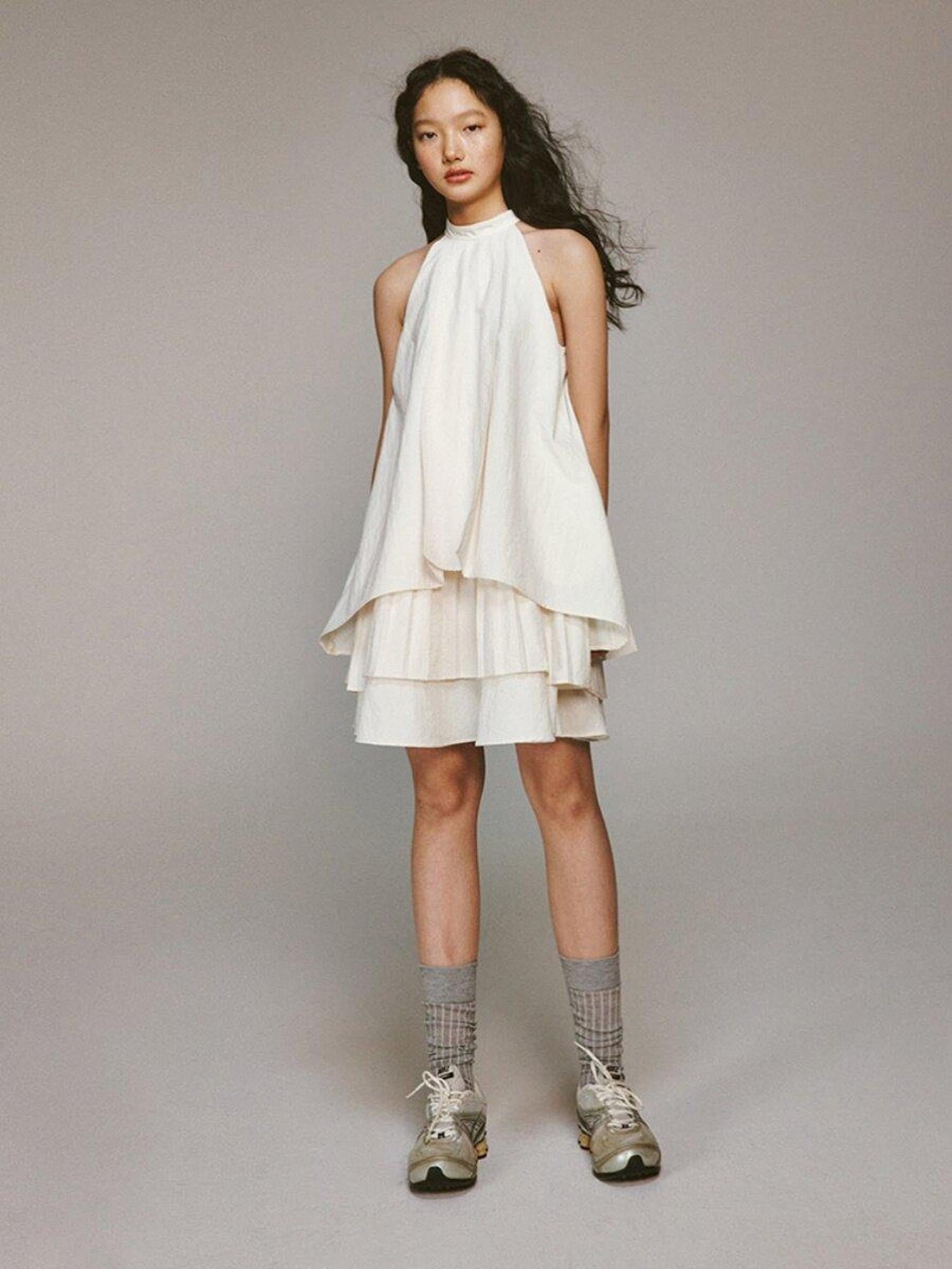 FUSSED Ivory Layered Pleated Paperlike A Line Women&