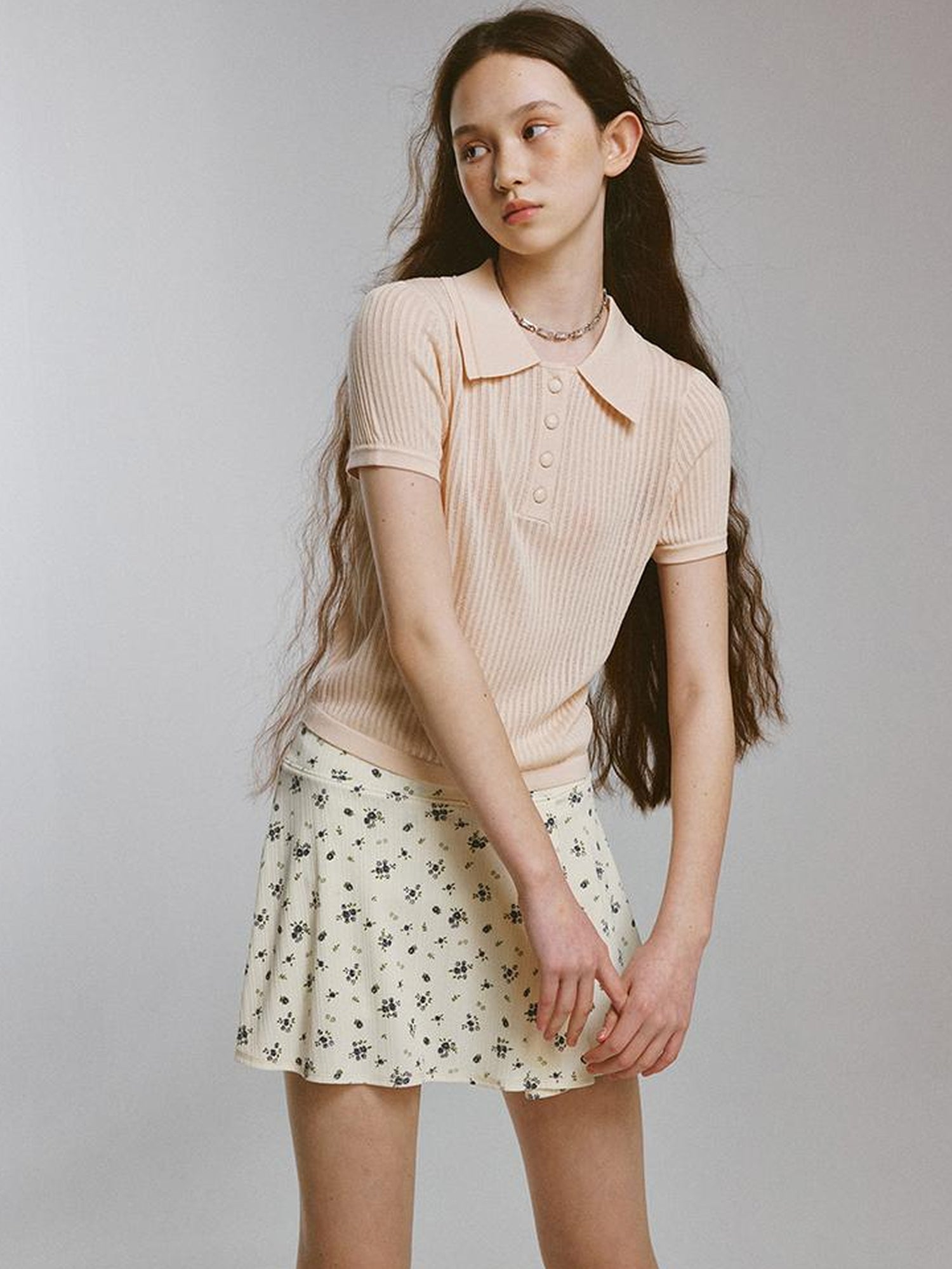FUSSED Knitted Polo Top With Floral Ribbing And Lace Texture In Blossom Pink