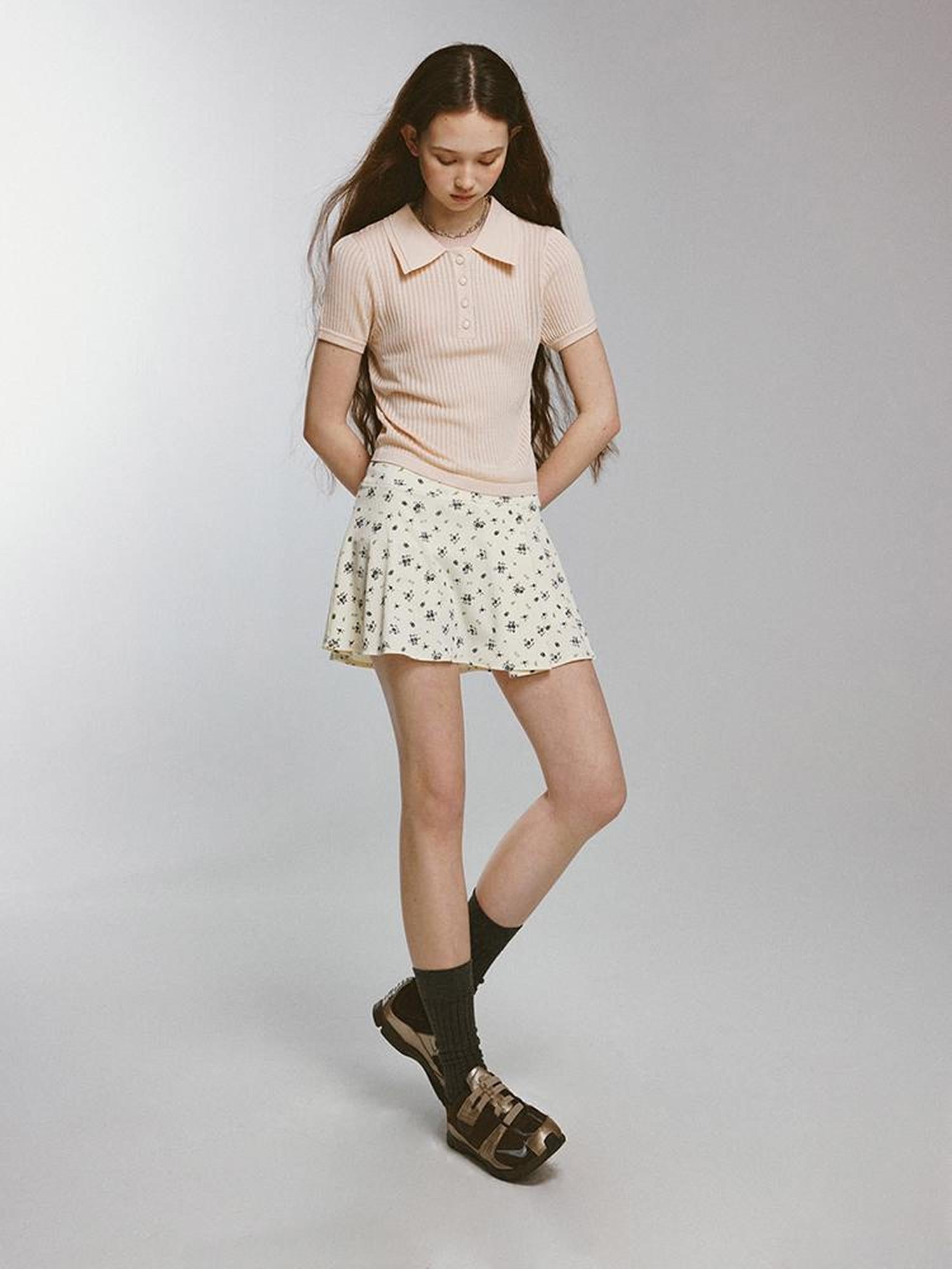 FUSSED Knitted Polo Top With Floral Ribbing And Lace Texture In Blossom Pink