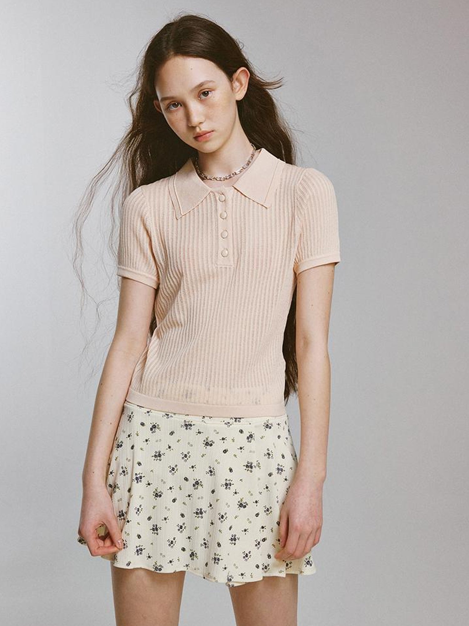 FUSSED Knitted Polo Top With Floral Ribbing And Lace Texture In Blossom Pink