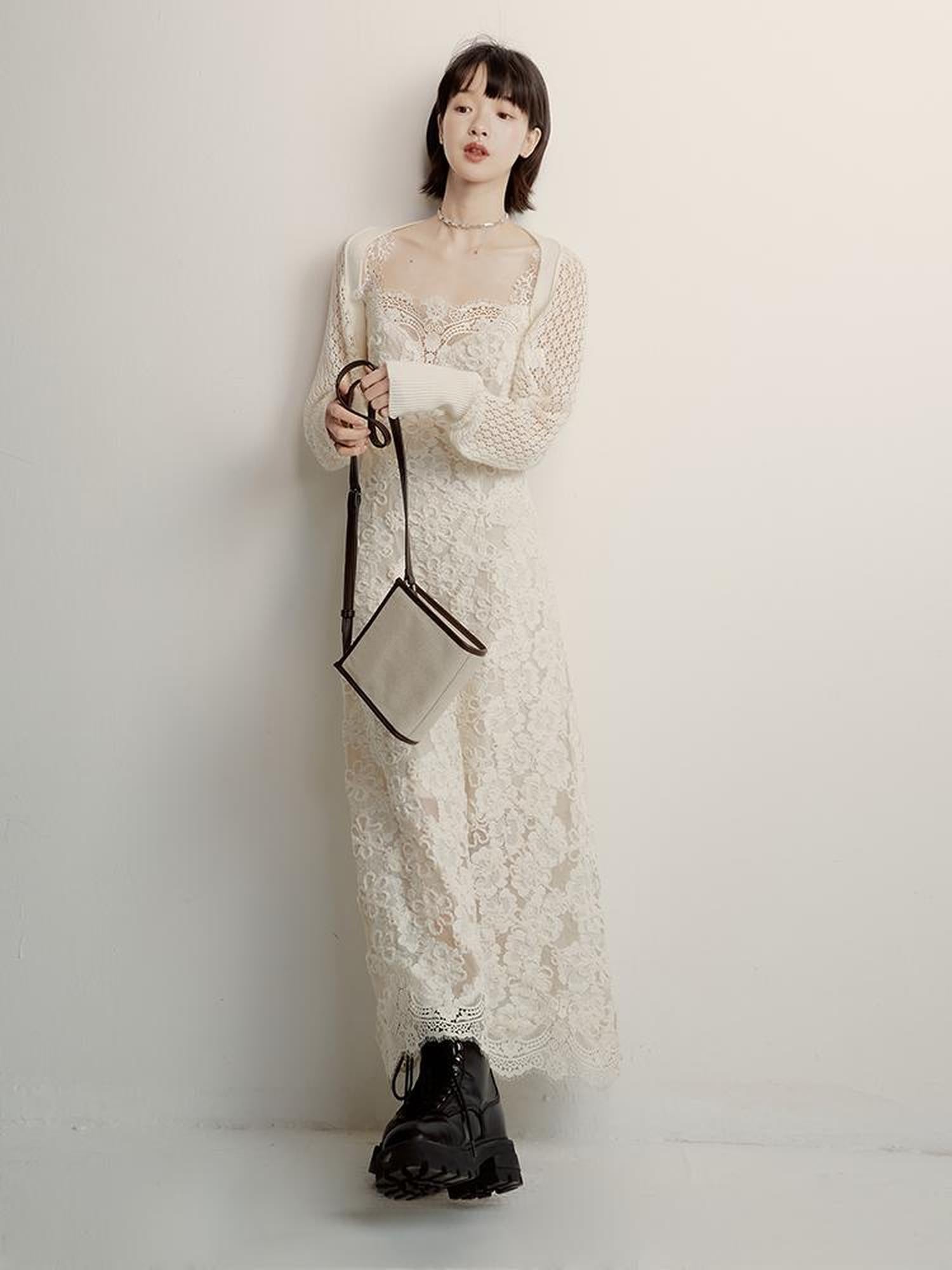 FUSSED Lace Jacquard Flat Knit Cream Bridal Runaway Cardigan