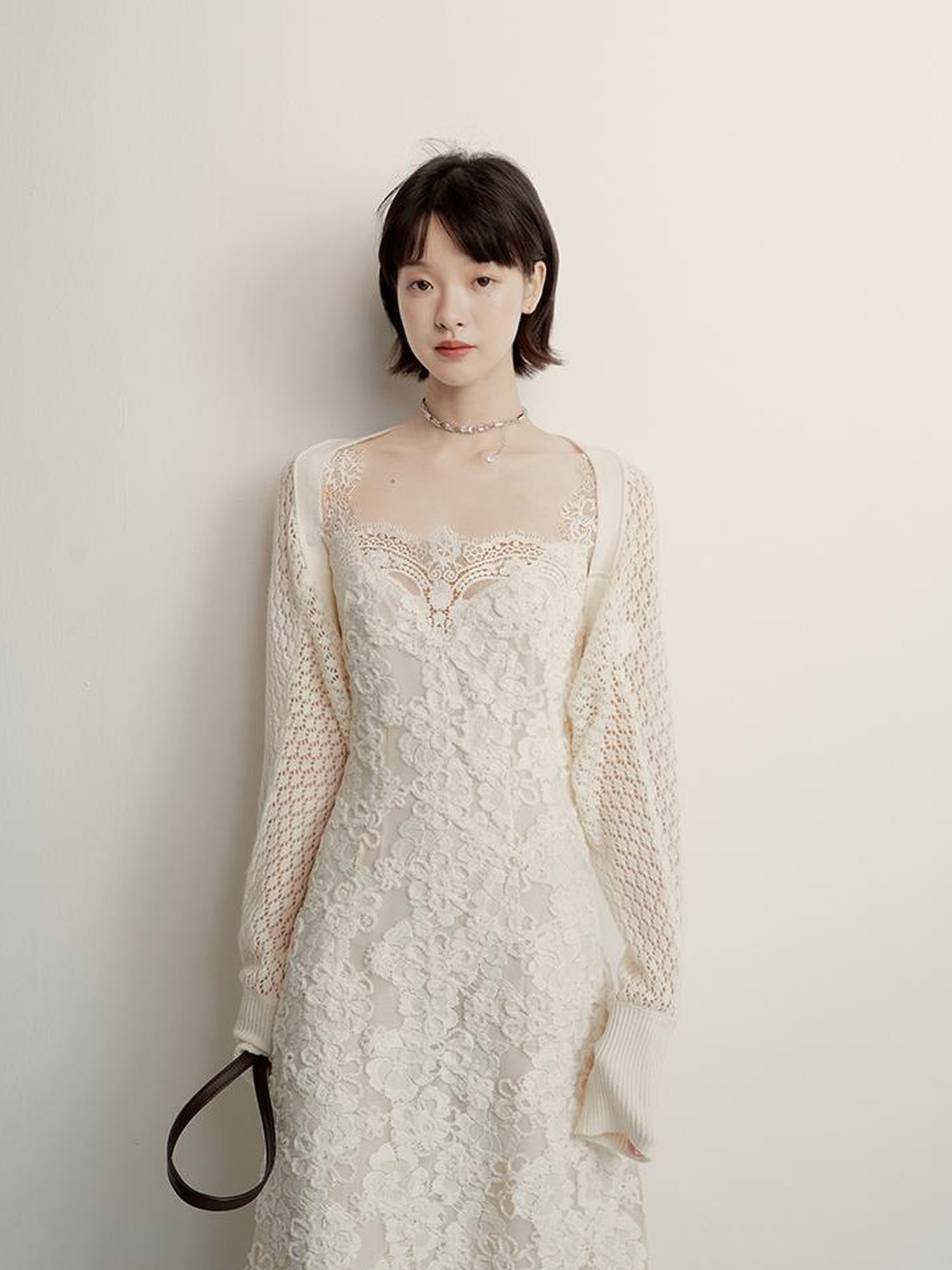FUSSED Lace Jacquard Flat Knit Cream Bridal Runaway Cardigan