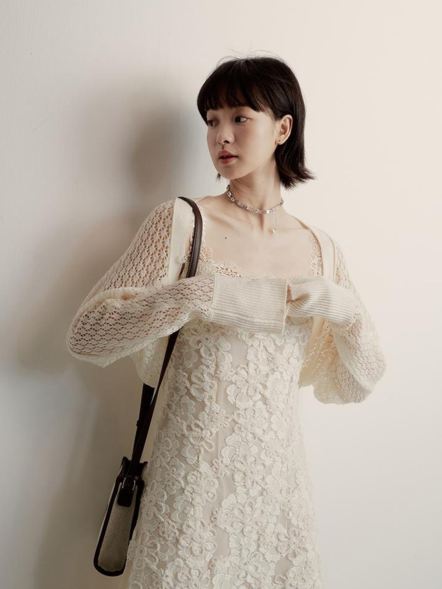 FUSSED Lace Jacquard Flat Knit Cream Bridal Runaway Cardigan