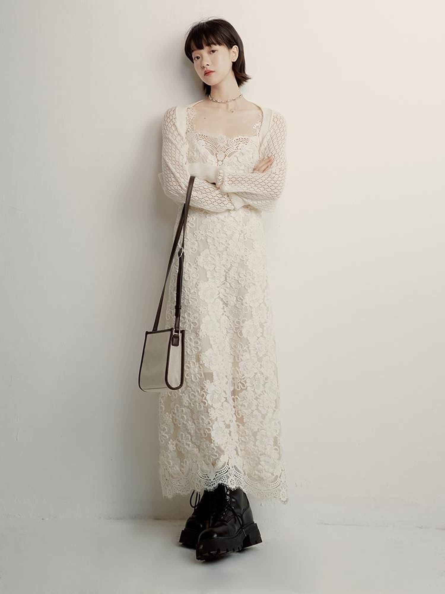 FUSSED Lace Jacquard Flat Knit Cream Bridal Runaway Cardigan