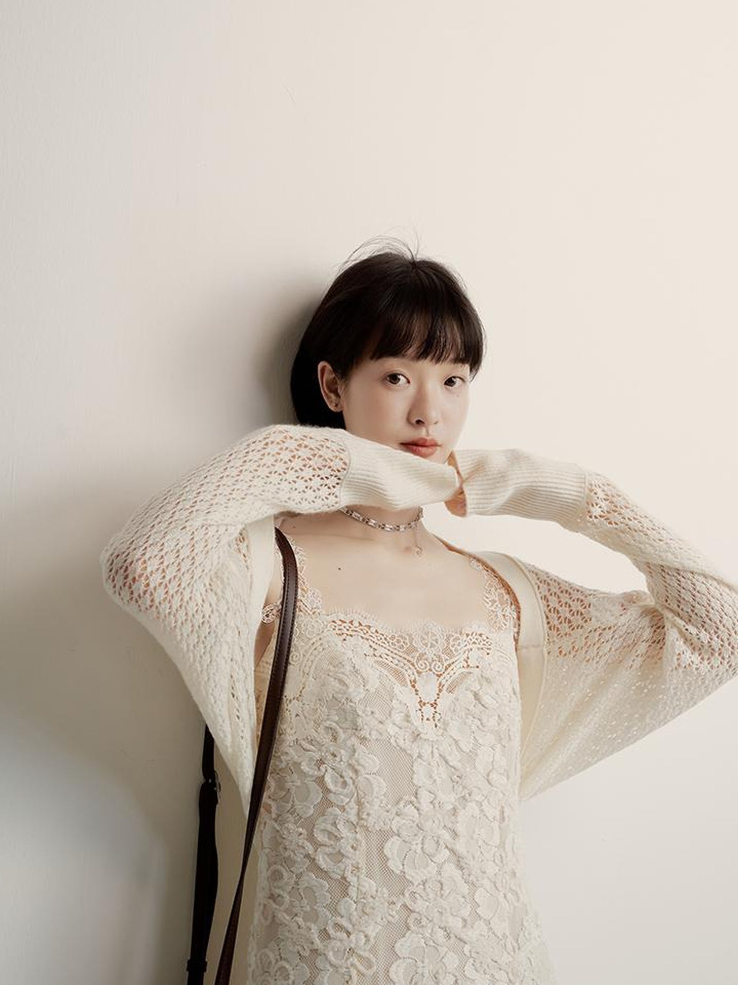 FUSSED Lace Jacquard Flat Knit Cream Bridal Runaway Cardigan