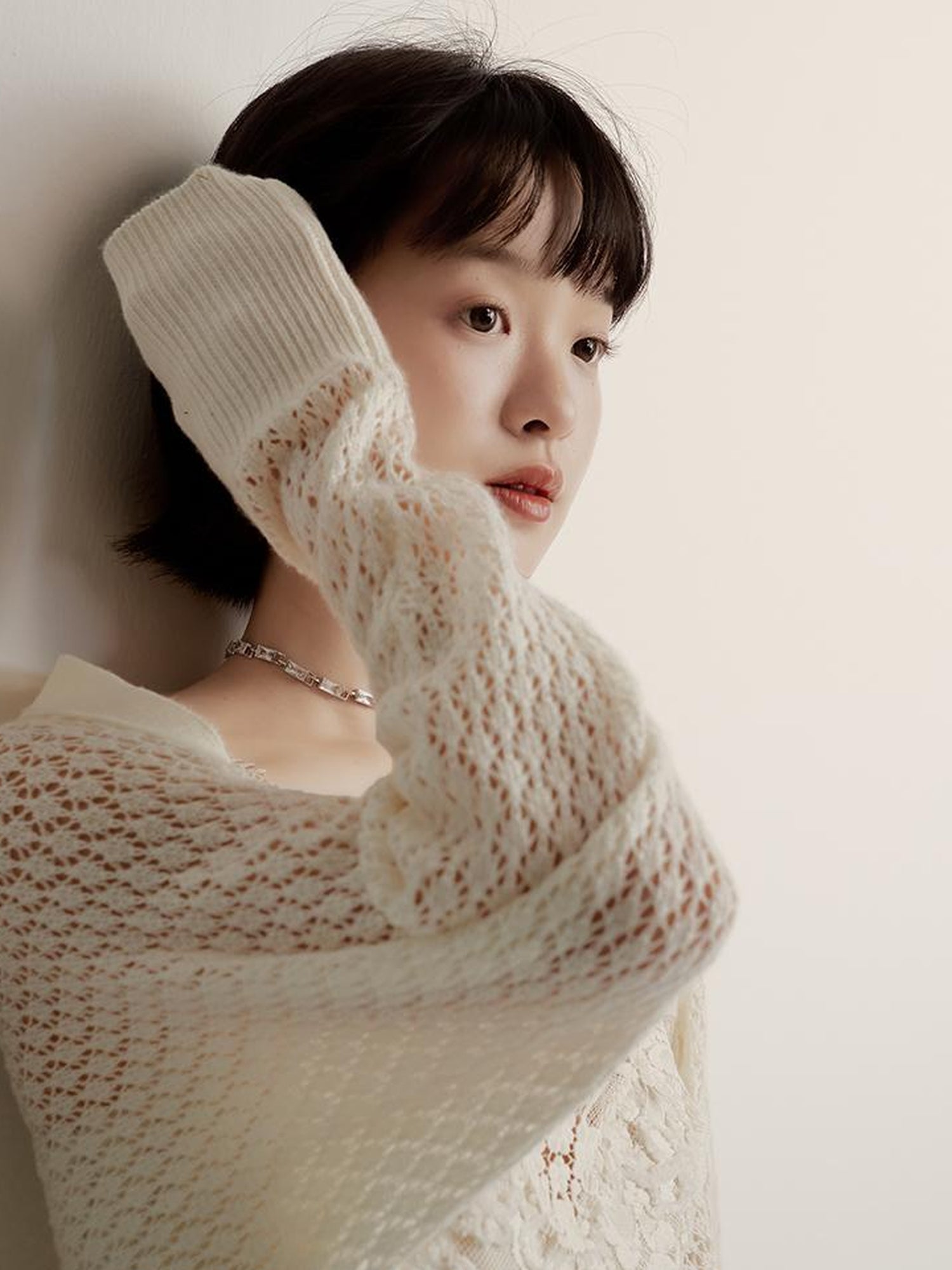 FUSSED Lace Jacquard Flat Knit Cream Bridal Runaway Cardigan