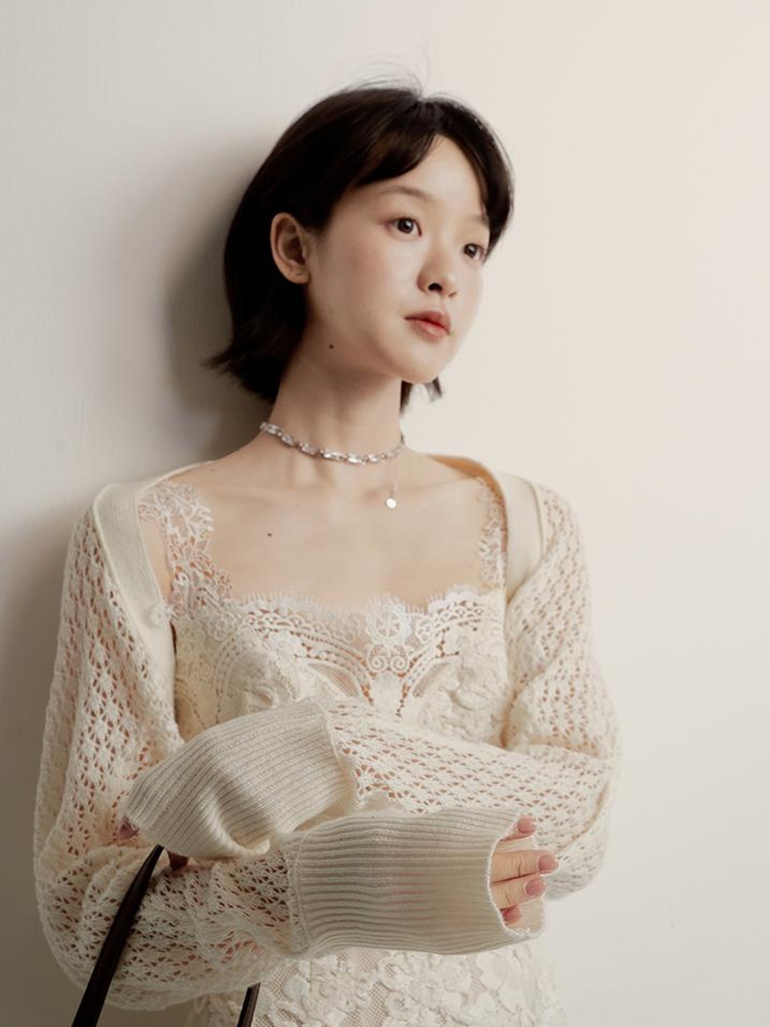 FUSSED Lace Jacquard Flat Knit Cream Bridal Runaway Cardigan