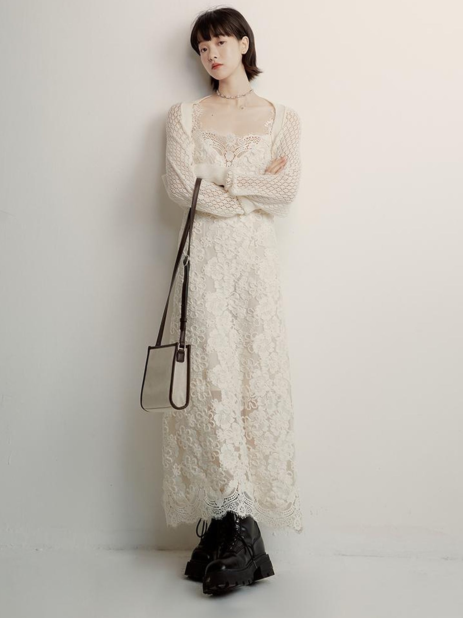 FUSSED Lace Jacquard Flat Knit Cream Bridal Runaway Cardigan