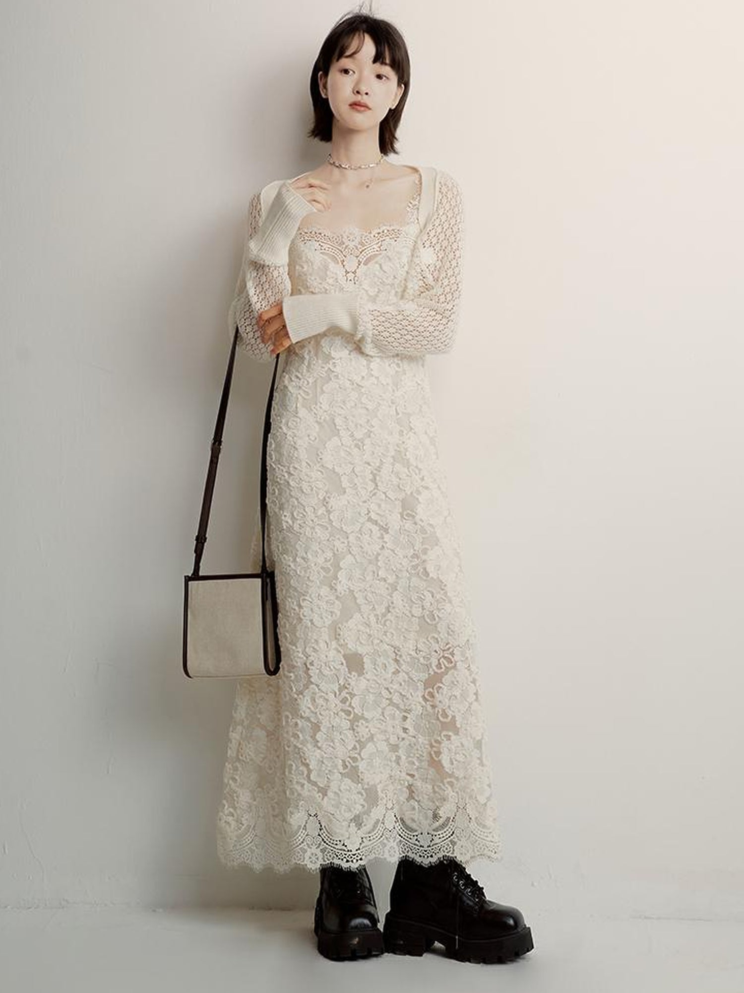 FUSSED Lace Jacquard Flat Knit Cream Bridal Runaway Cardigan