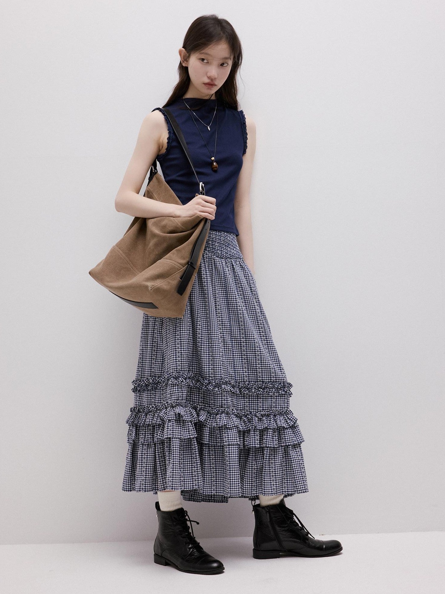 FUSSED Lace Trim Mock Neck Side Bust Concealing Slim Cropped Women&